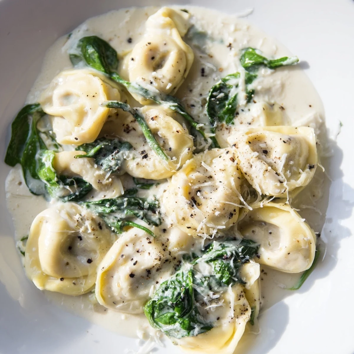 Creamy Spinach Alfredo Tortellini, a comforting Italian dinner with cheese tortellini and fresh spinach.