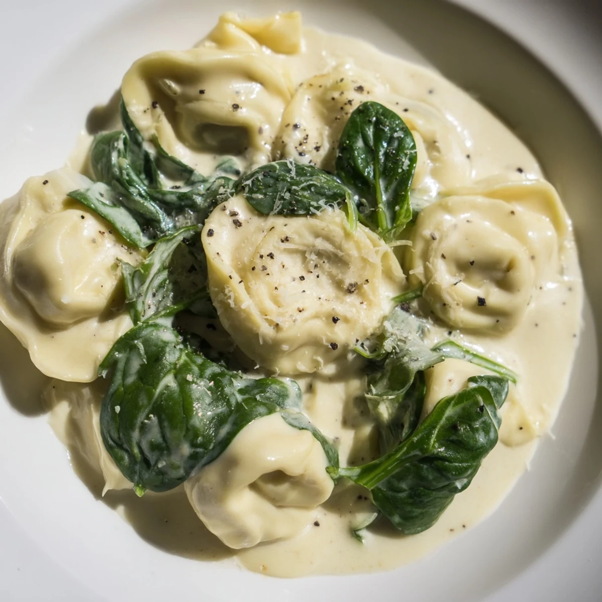 A steaming bowl of Creamy Spinach Alfredo Tortellini, glistening with Parmesan, ready to eat.