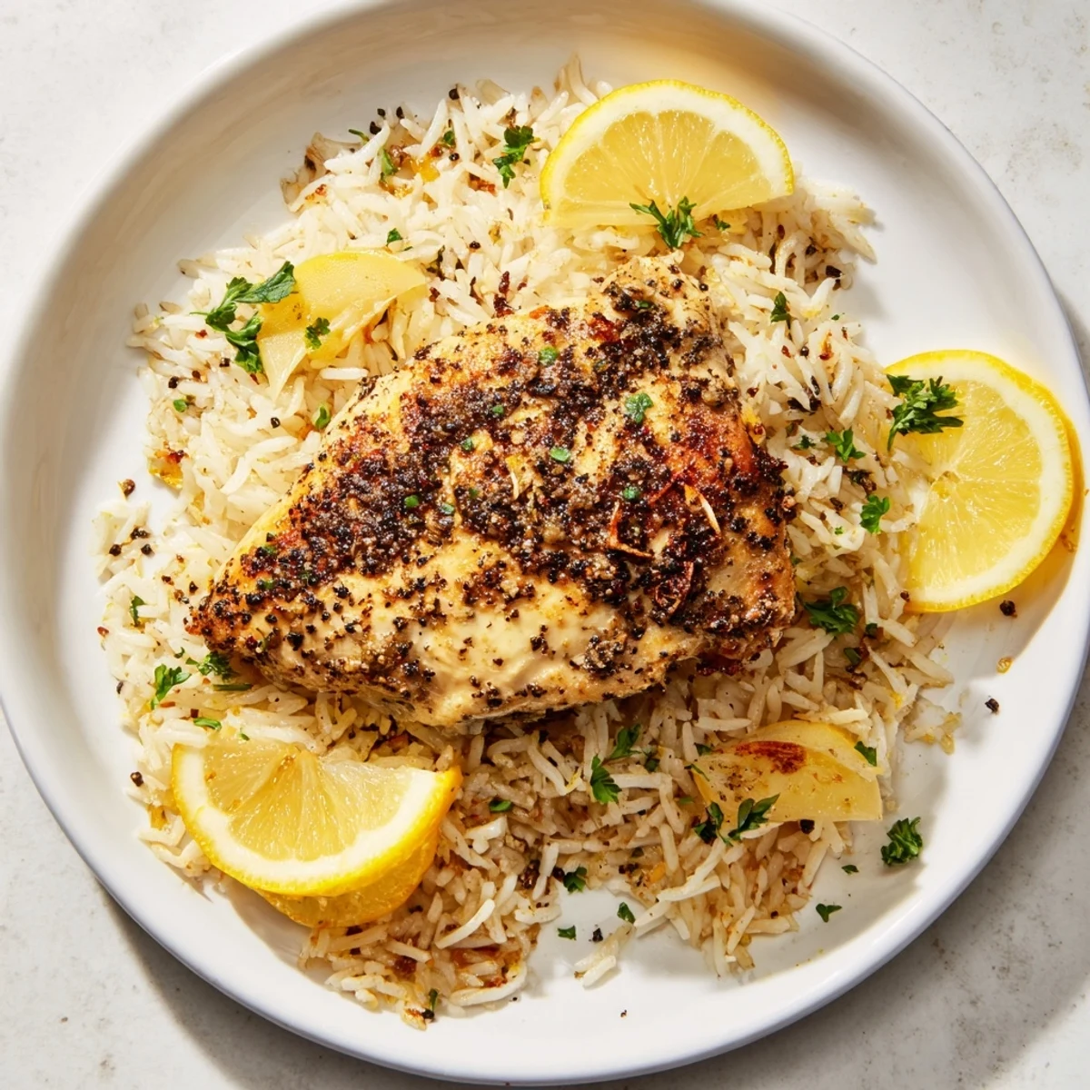 Tender Lemon Pepper Chicken with Rice, glistening with lemon, perfect for a flavorful weeknight dinner.