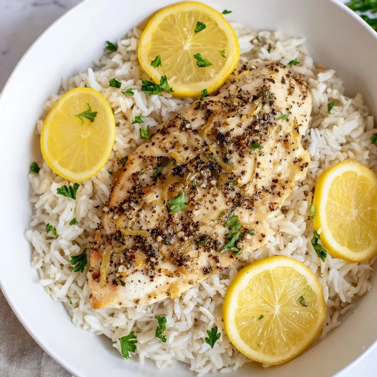 Juicy bites of Lemon Pepper Chicken, a simple yet satisfying American dish with fluffy white rice.