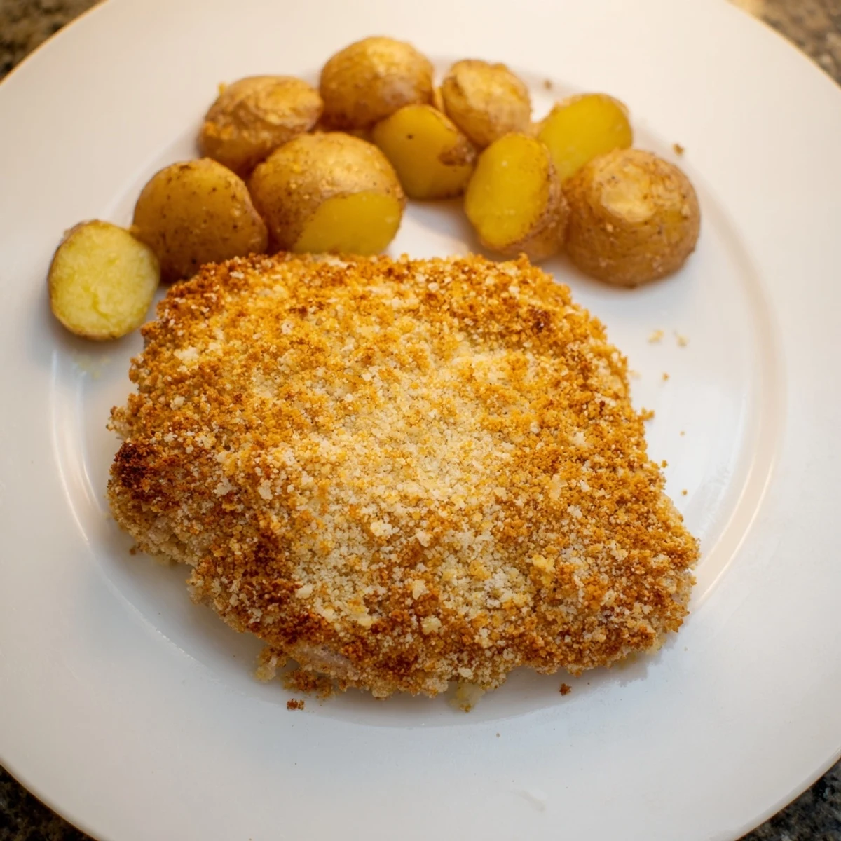 Crispy Parmesan Crusted Chicken & Potatoes gleam golden, showing off a perfectly baked, family meal.