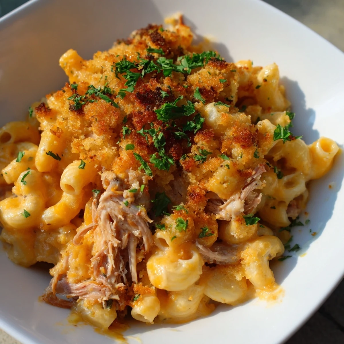 Golden, bubbly barbecue pulled pork mac and cheese overflowing with creamy, cheesy goodness, ready to eat.