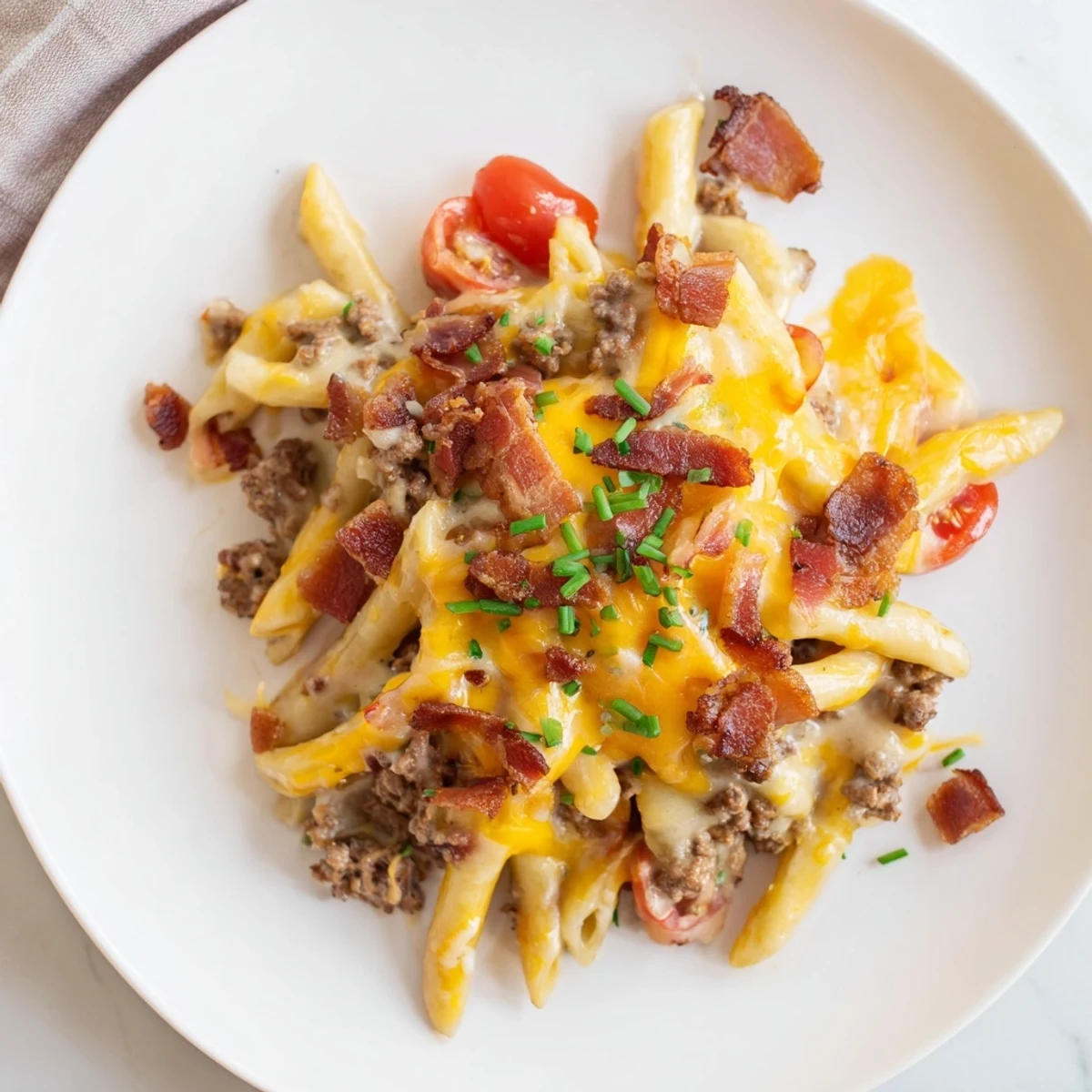 A creamy, cheesy Bacon Cheeseburger Pasta Bake, filled with savory ground beef and bacon.