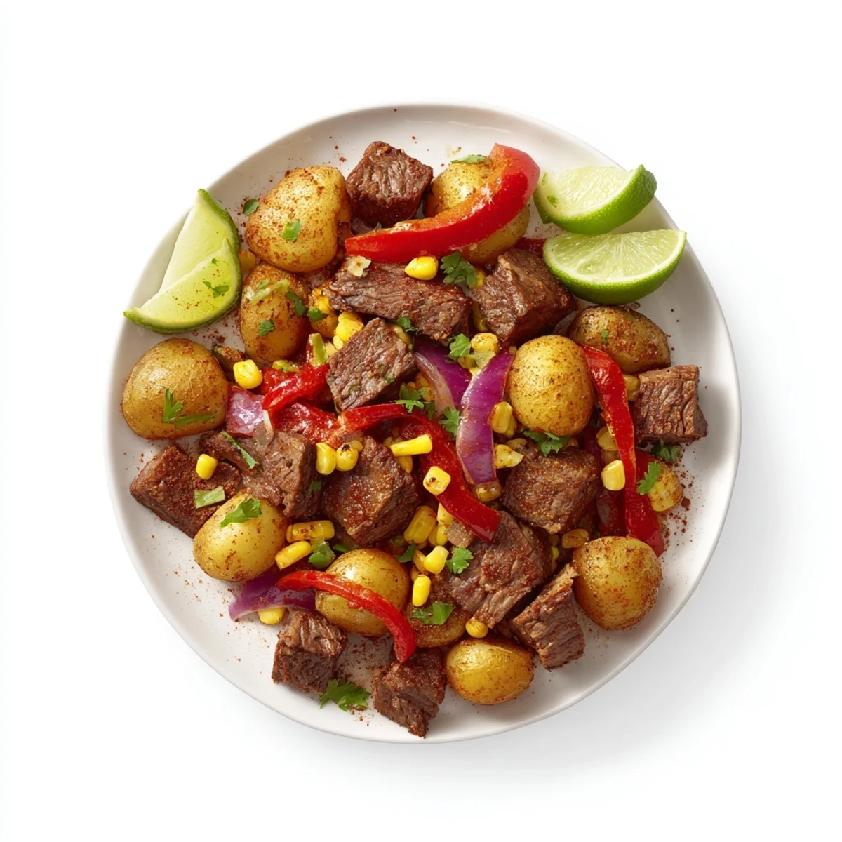 Steaming Southwest Steak & Potato Skillet with tender steak and colorful bell peppers is ready.