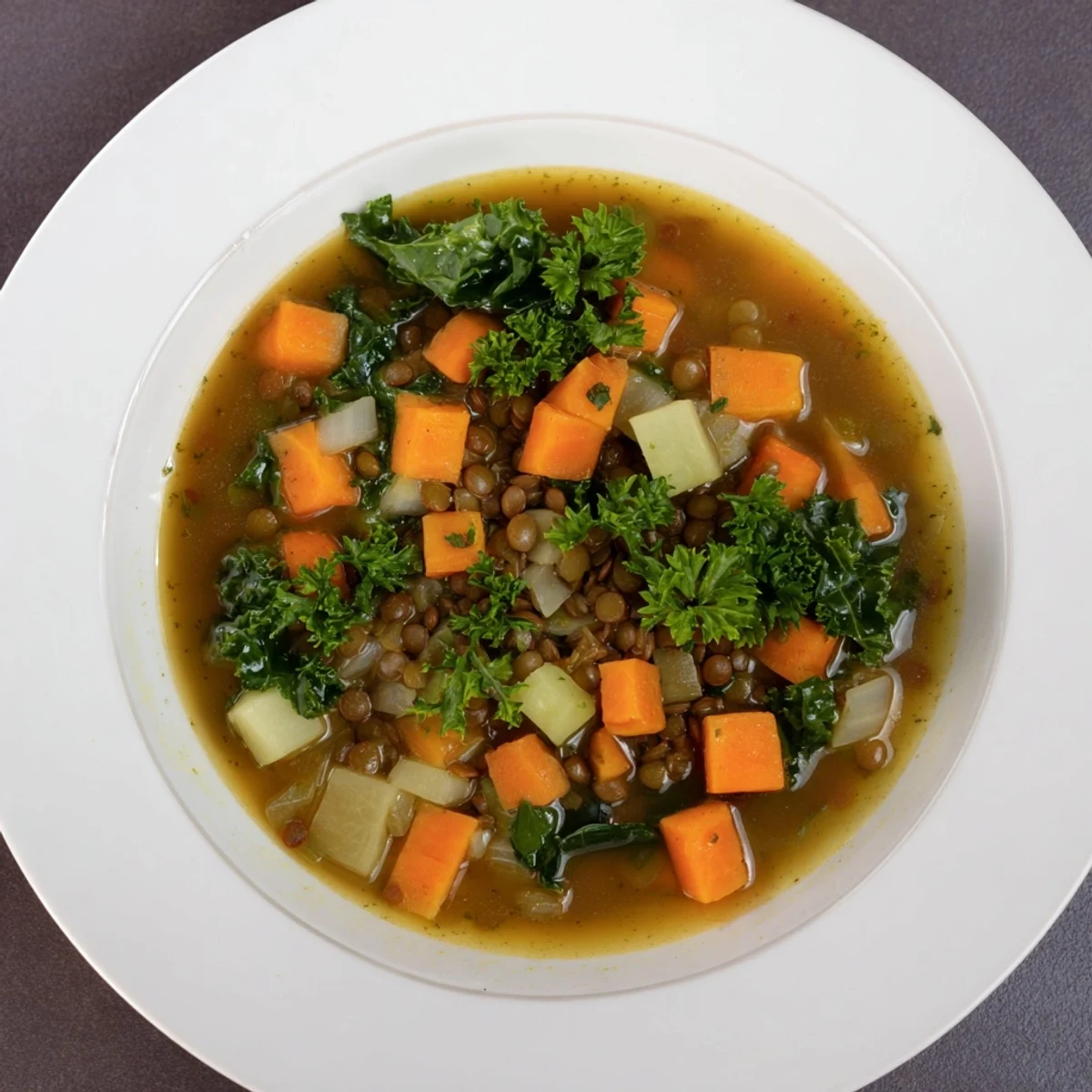 Steaming bowl of Winter Vegetable & Lentil Soup with colorful vegetables, ready to eat.