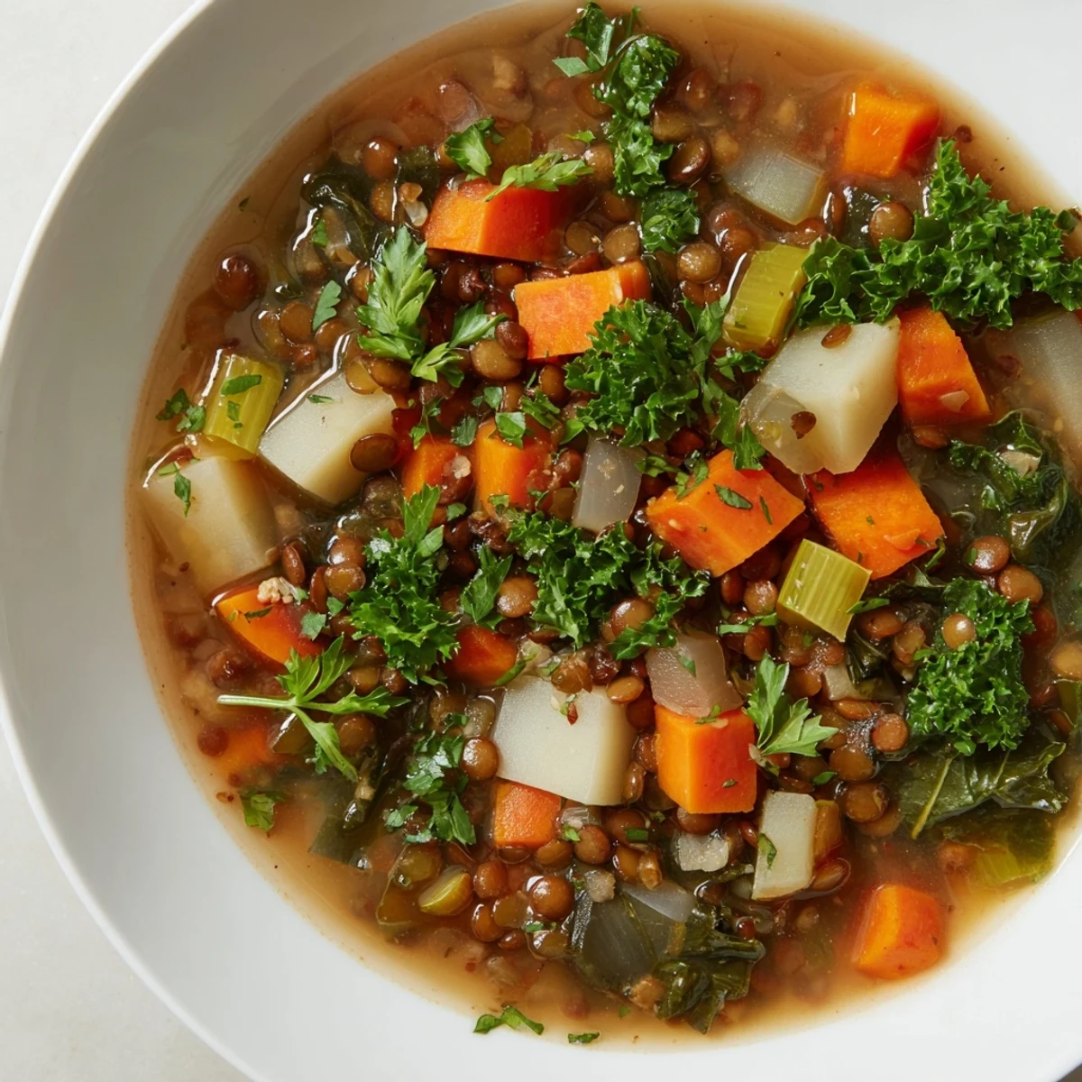 A visually appealing spoonful of delicious Winter Vegetable & Lentil Soup, full of healthy ingredients.