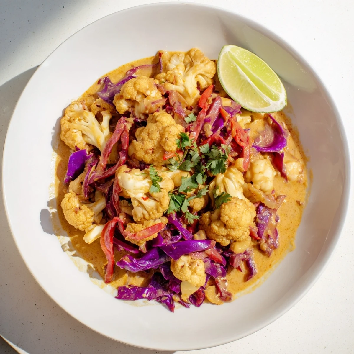 Steaming red cabbage and cauliflower in a rich coconut dhal, a comforting, vegetarian Indian-inspired meal.