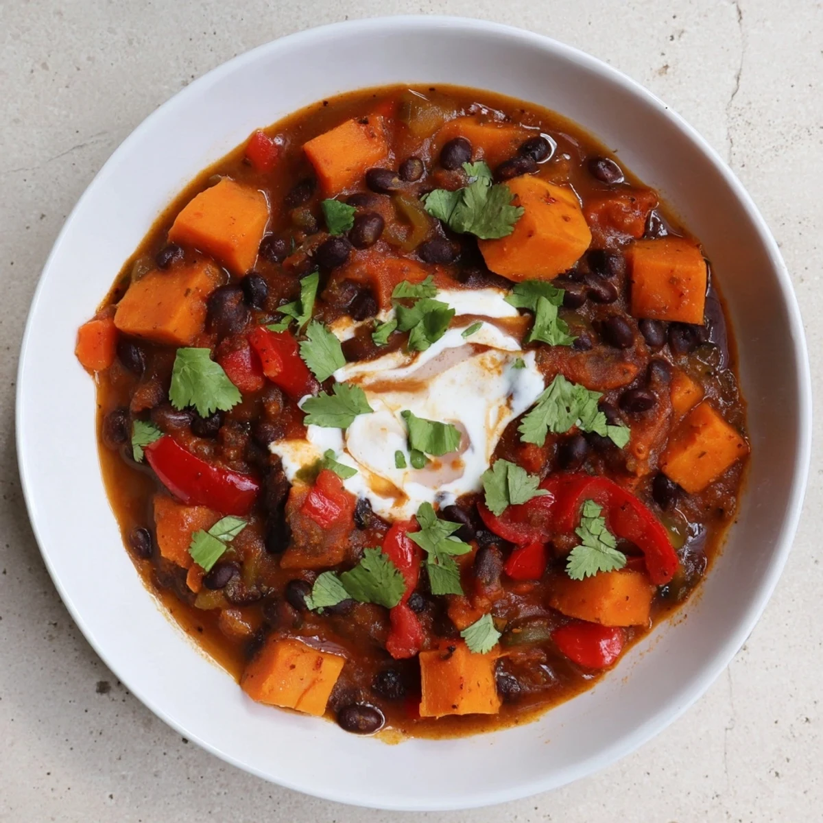 Steaming bowl of Sweet Potato & Black Bean Chili, garnished with fresh cilantro and a lime wedge.