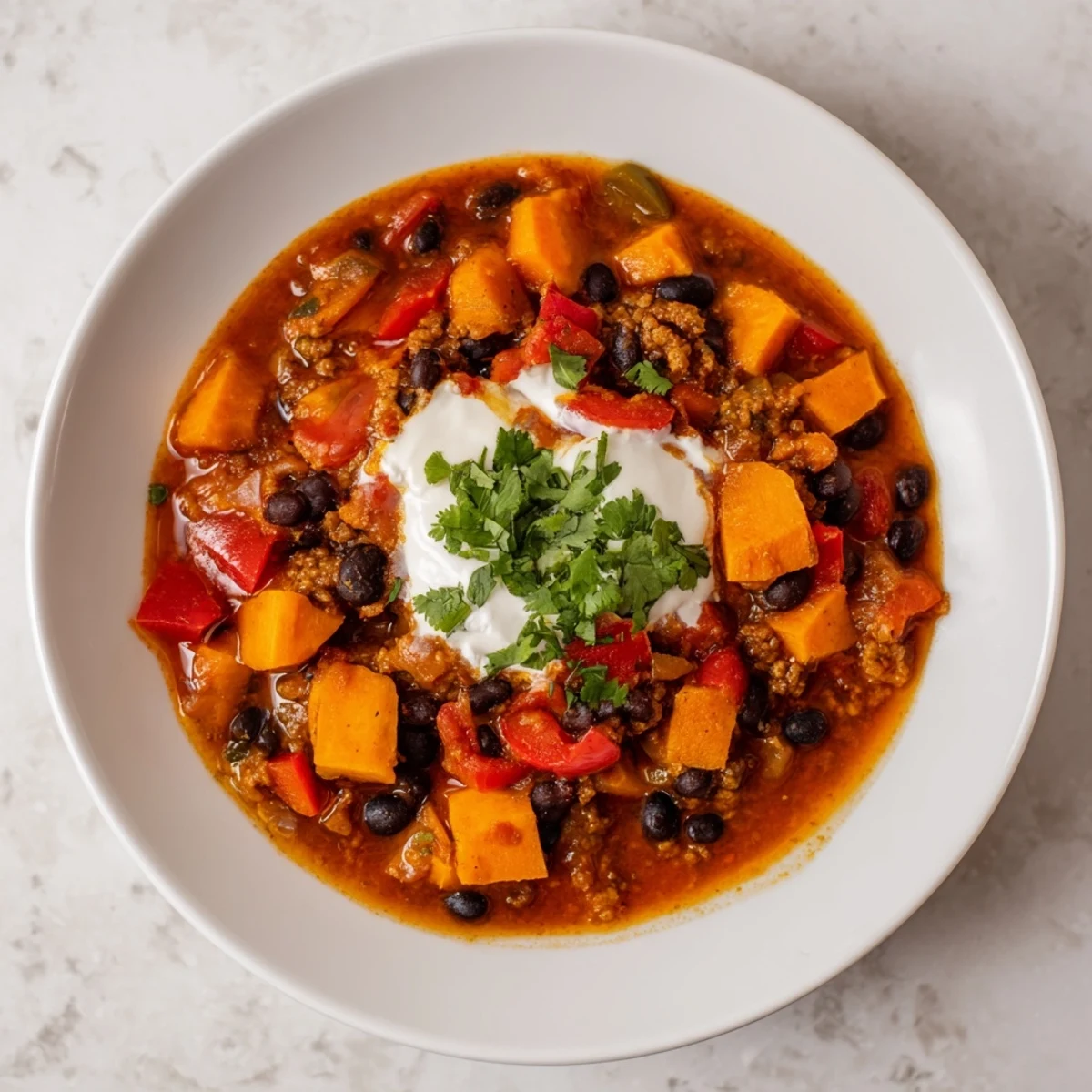 A colorful close-up of hearty Sweet Potato & Black Bean Chili, the perfect vegan comfort food.
