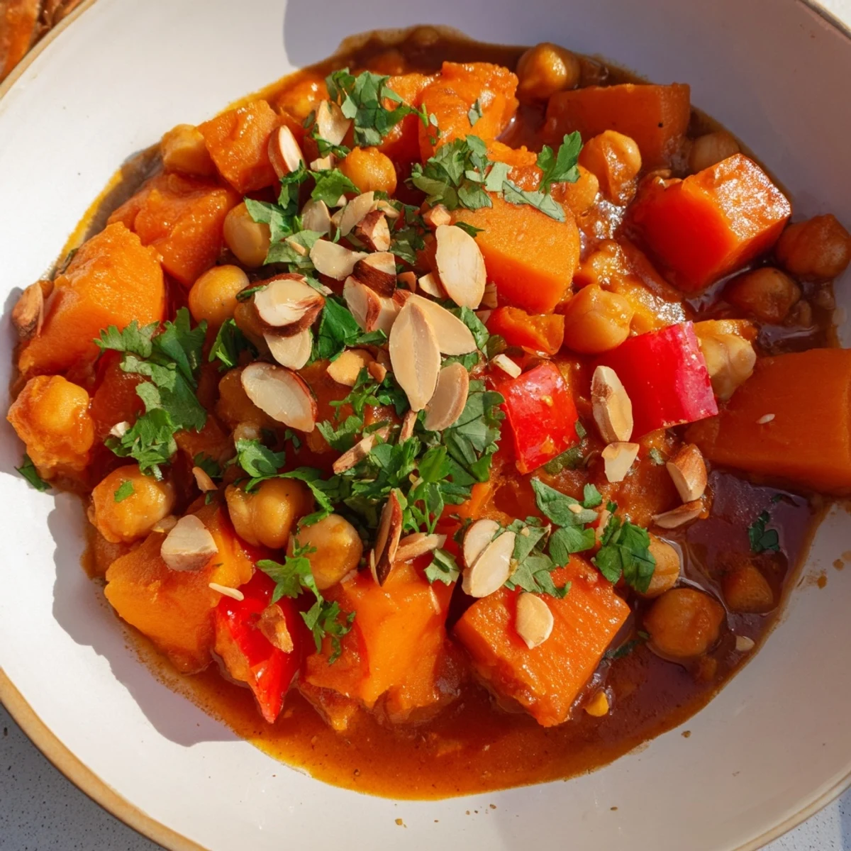 Steaming Moroccan Chickpea & Sweet Potato Tagine, a vibrant, spiced stew with tender veggies ready to eat.