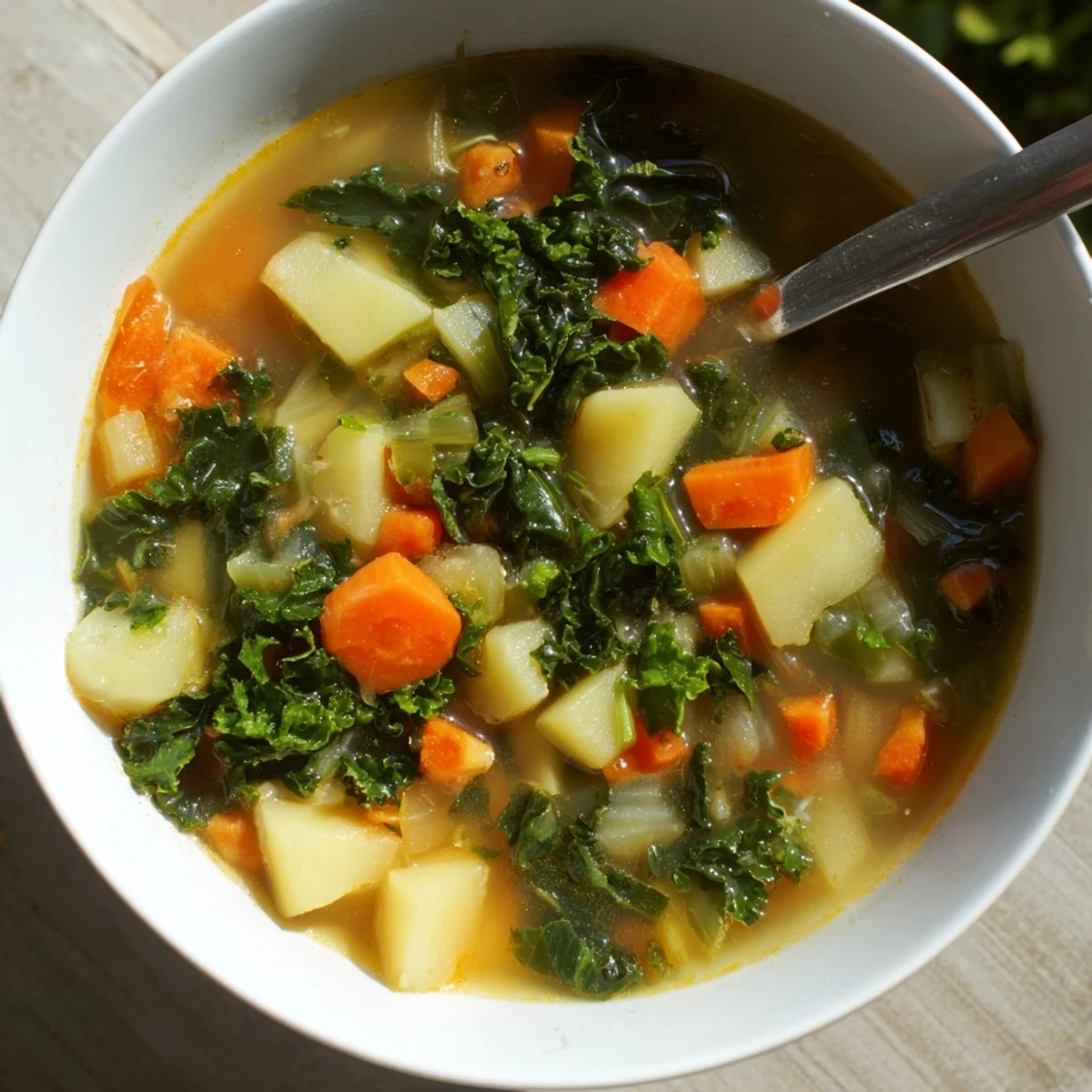 Steaming bowl of Vegetarian Potato-Kale Soup, garnished with fresh herbs, ready to serve, a winter warmer.