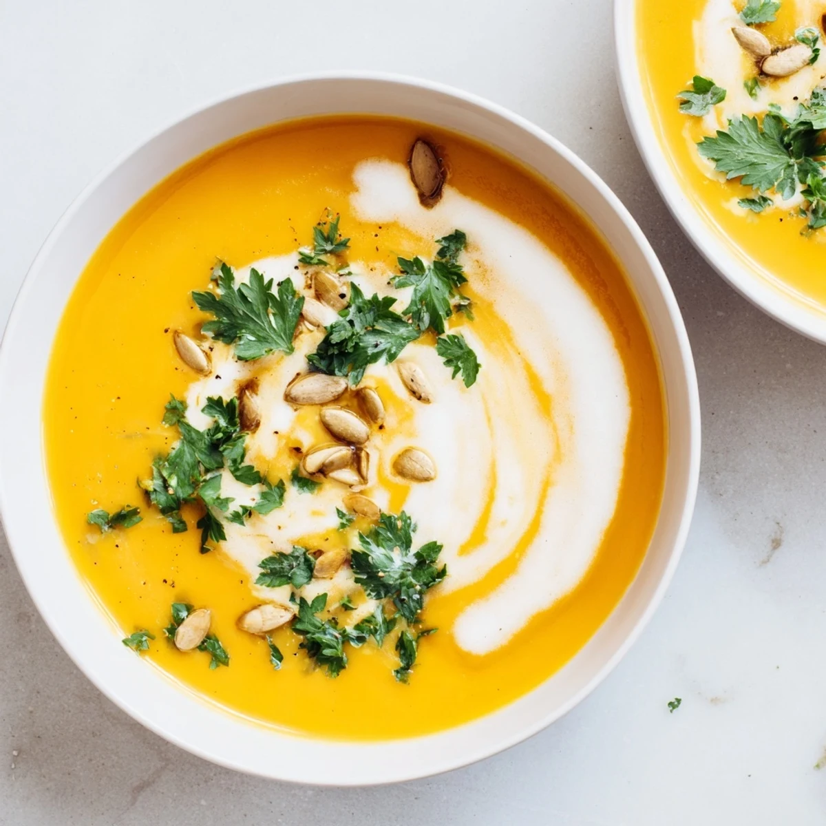 Creamy, smooth butternut squash and pear soup, beautifully garnished with fresh herbs and toasted seeds.