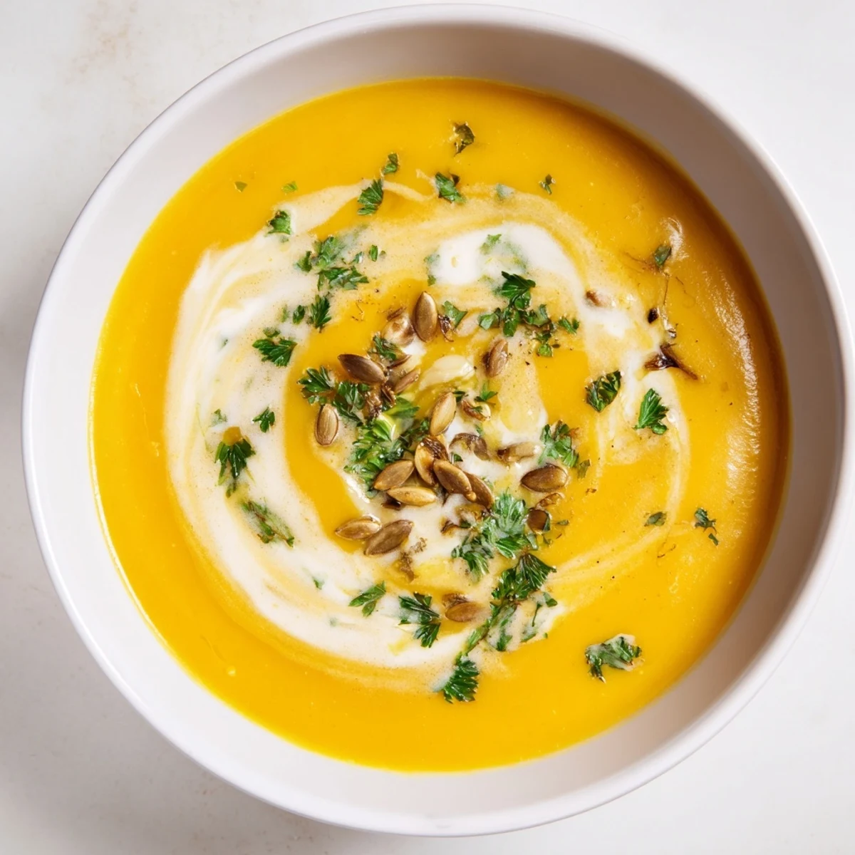 A warm, inviting bowl of butternut squash & pear soup; the colors are vibrant, perfect for autumn.