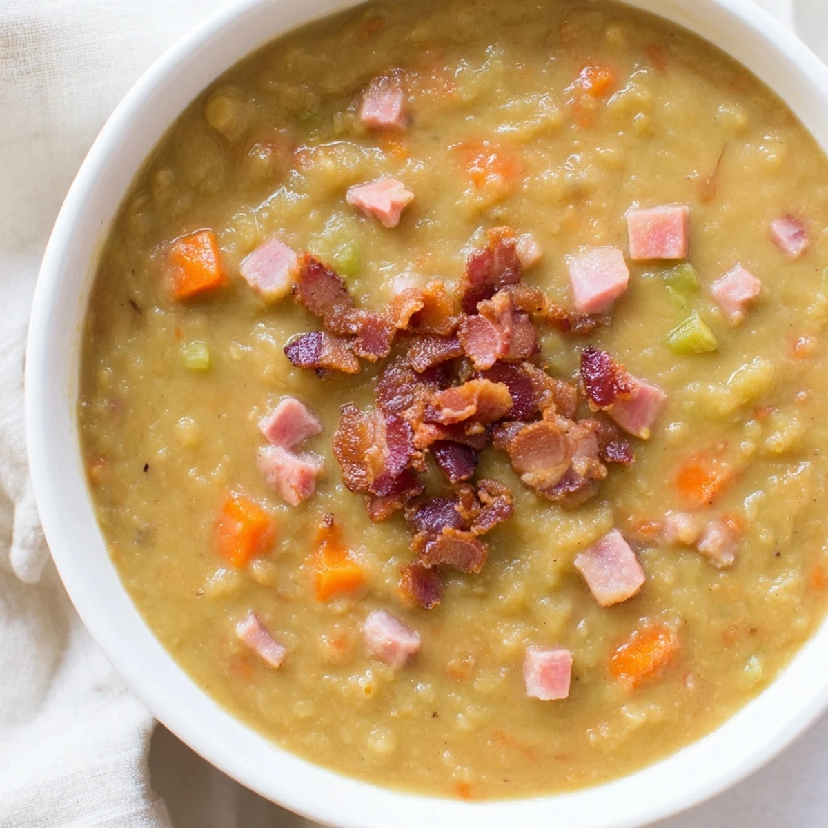 Thick, creamy Split Pea Soup with canned ham and bacon, a hearty meal for cold evenings.