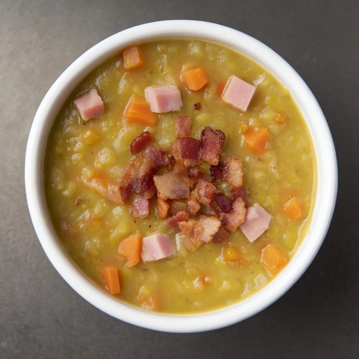 Savory Split Pea Soup with canned ham and bacon, ready to serve with crusty bread.