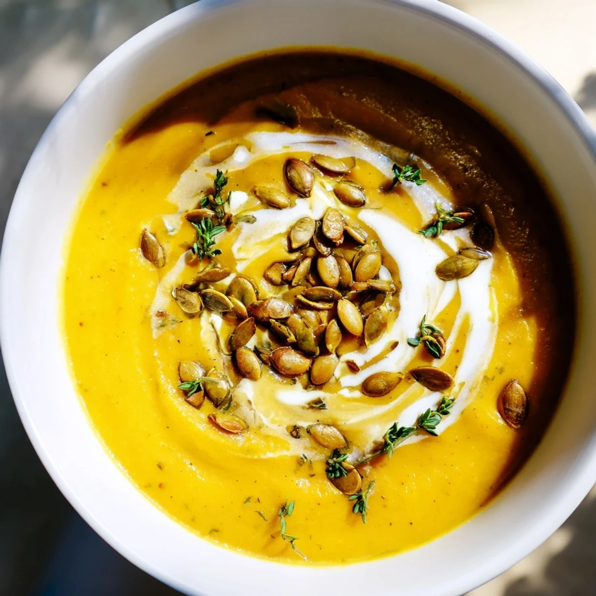 Creamy Roasted Acorn Squash Soup: a warm, vibrant bowl of velvety soup garnished with pepitas.