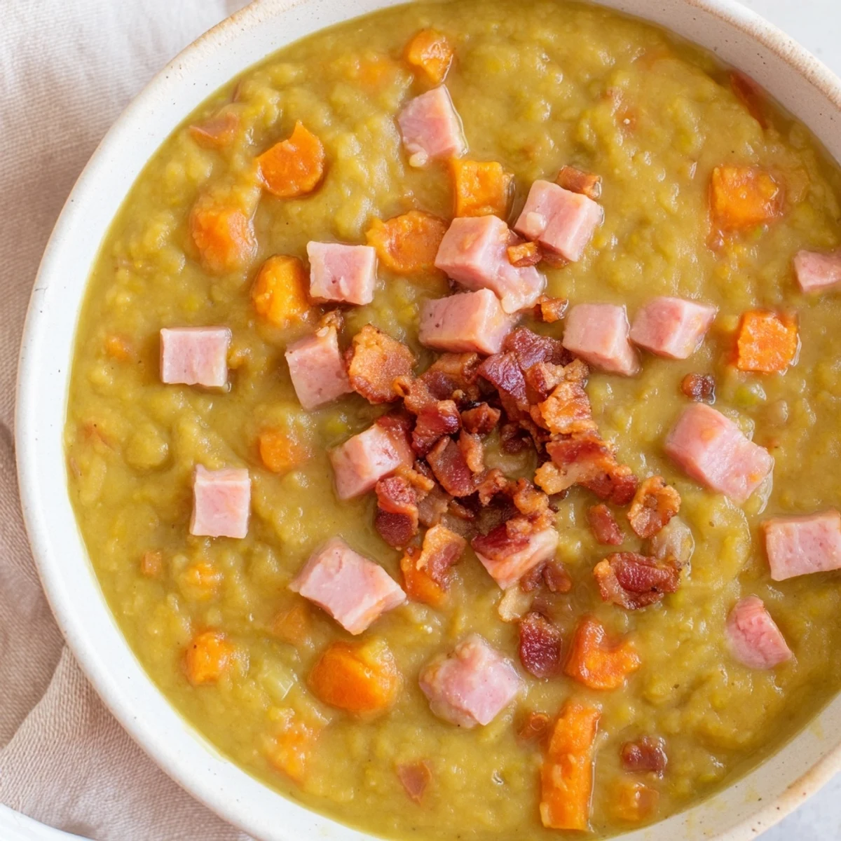 Steaming bowl of Split Pea Soup with canned ham and bacon, garnished with crispy bacon crumbles.