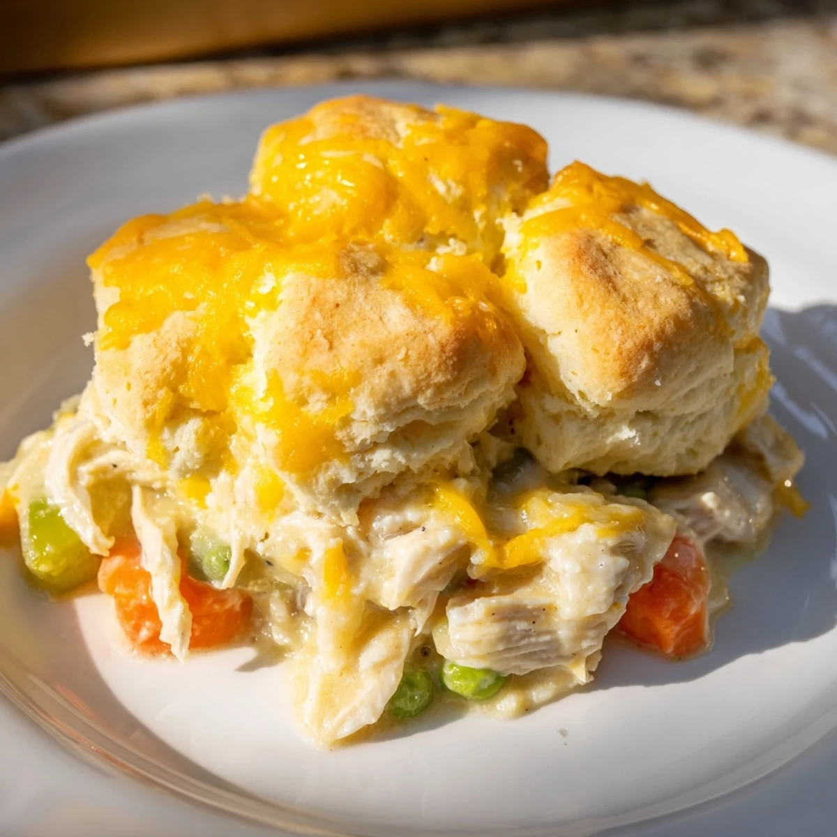 Golden, baked One-Pan Chicken Cobbler with cheesy biscuits topping, ready to serve and enjoy.