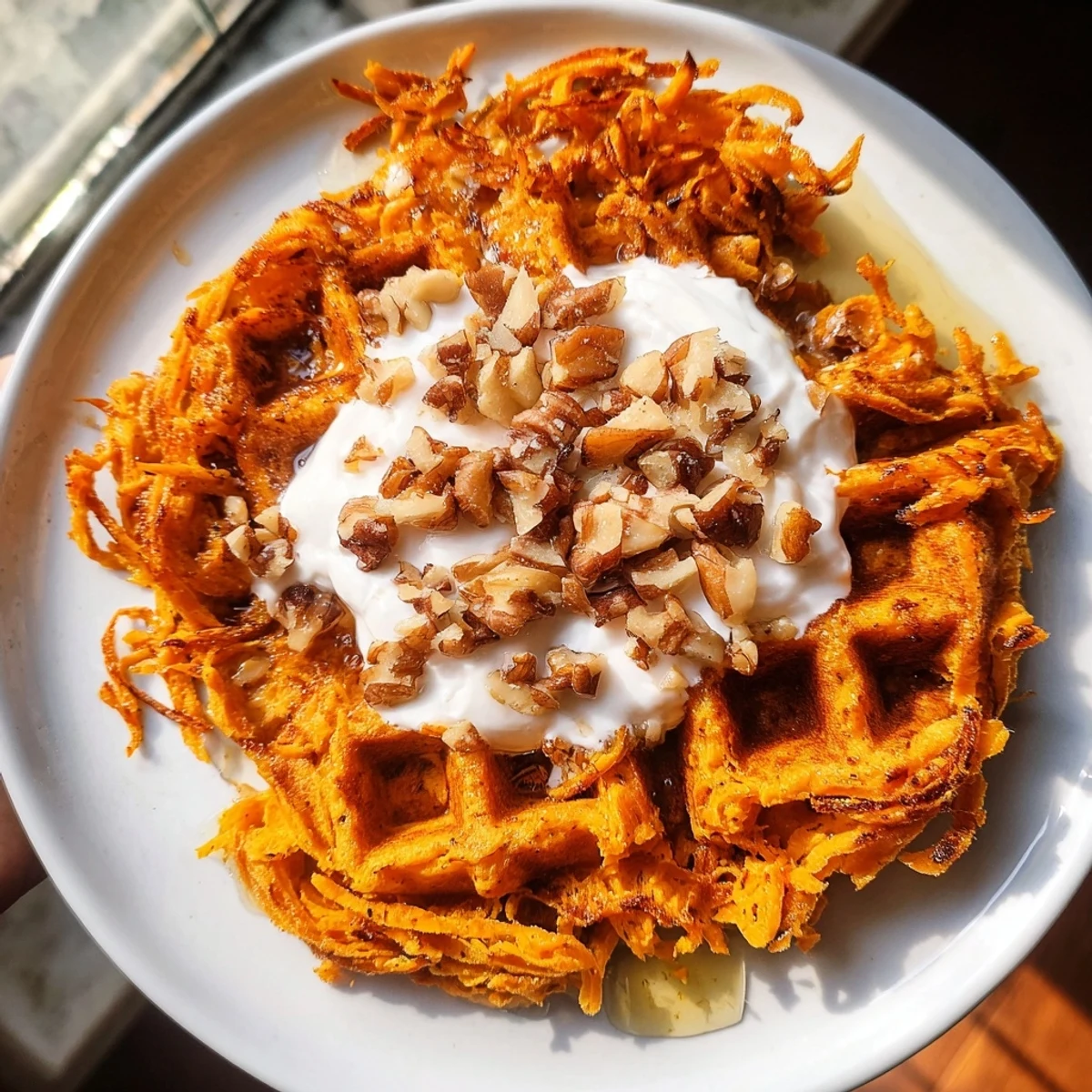 Golden-brown sweet potato waffle, crispy edges, ready to be topped with fresh berries and syrup.