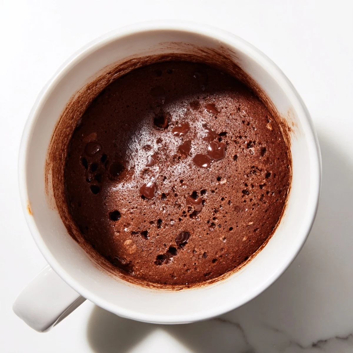 Warm, fudgy microwaved mug cake, perfectly risen and ready to enjoy with a scoop of vanilla ice cream.