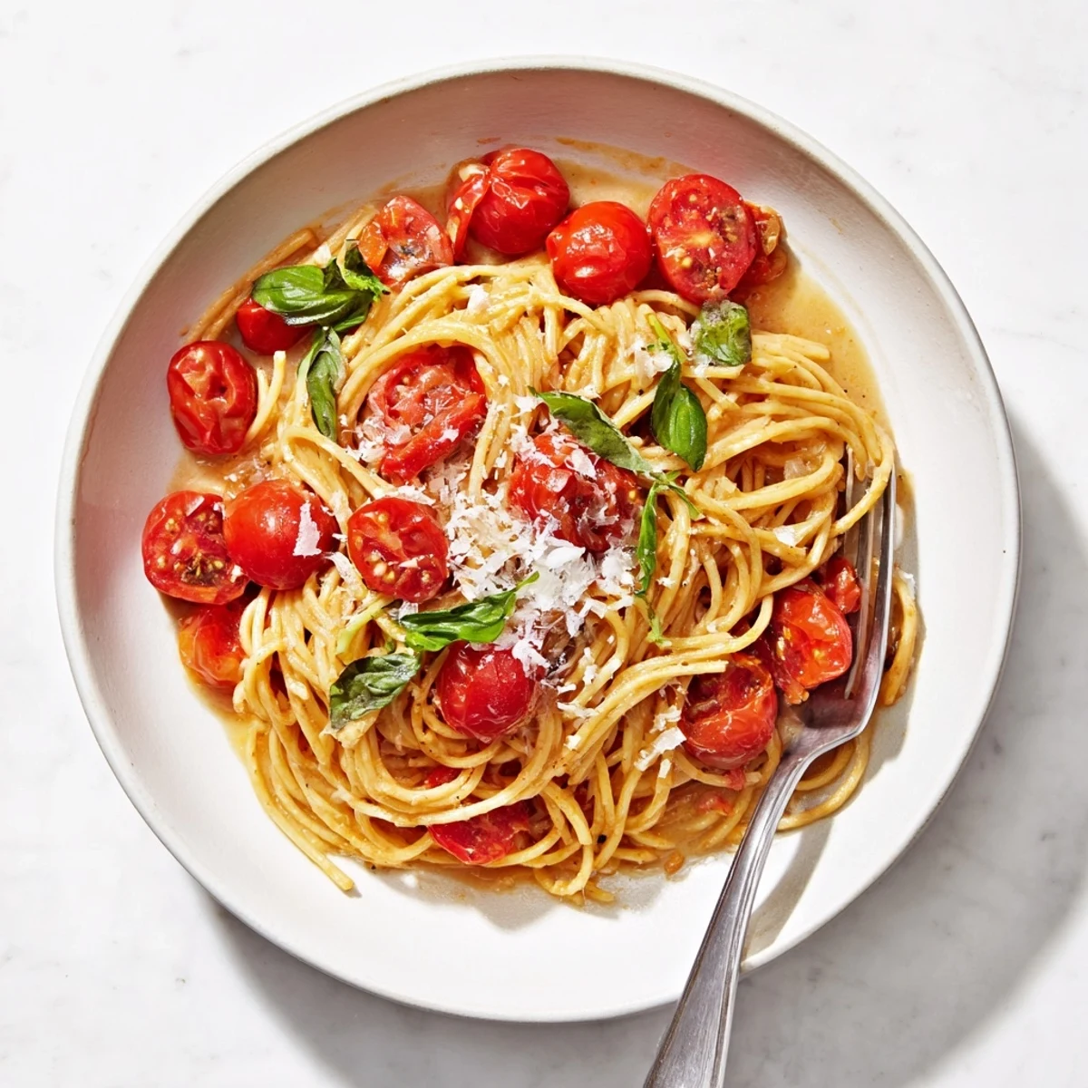 Close-up of freshly made Lazy-Girl Pasta with parmesan and basil, a quick and easy weeknight dinner.