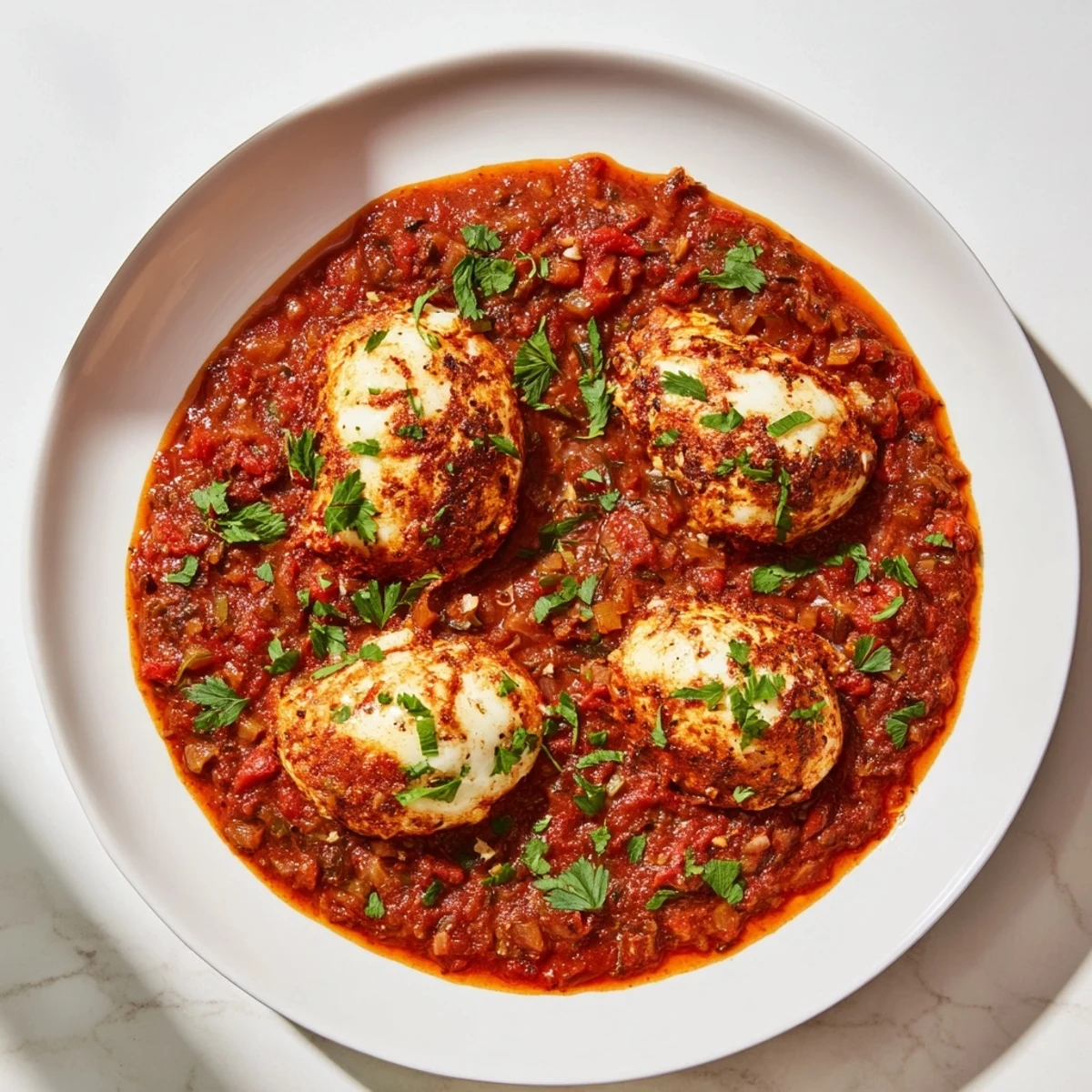 Savoury Baked Eggs in Tomato Sauce, a vibrant Middle Eastern brunch dish with runny yolks in a spiced tomato base.