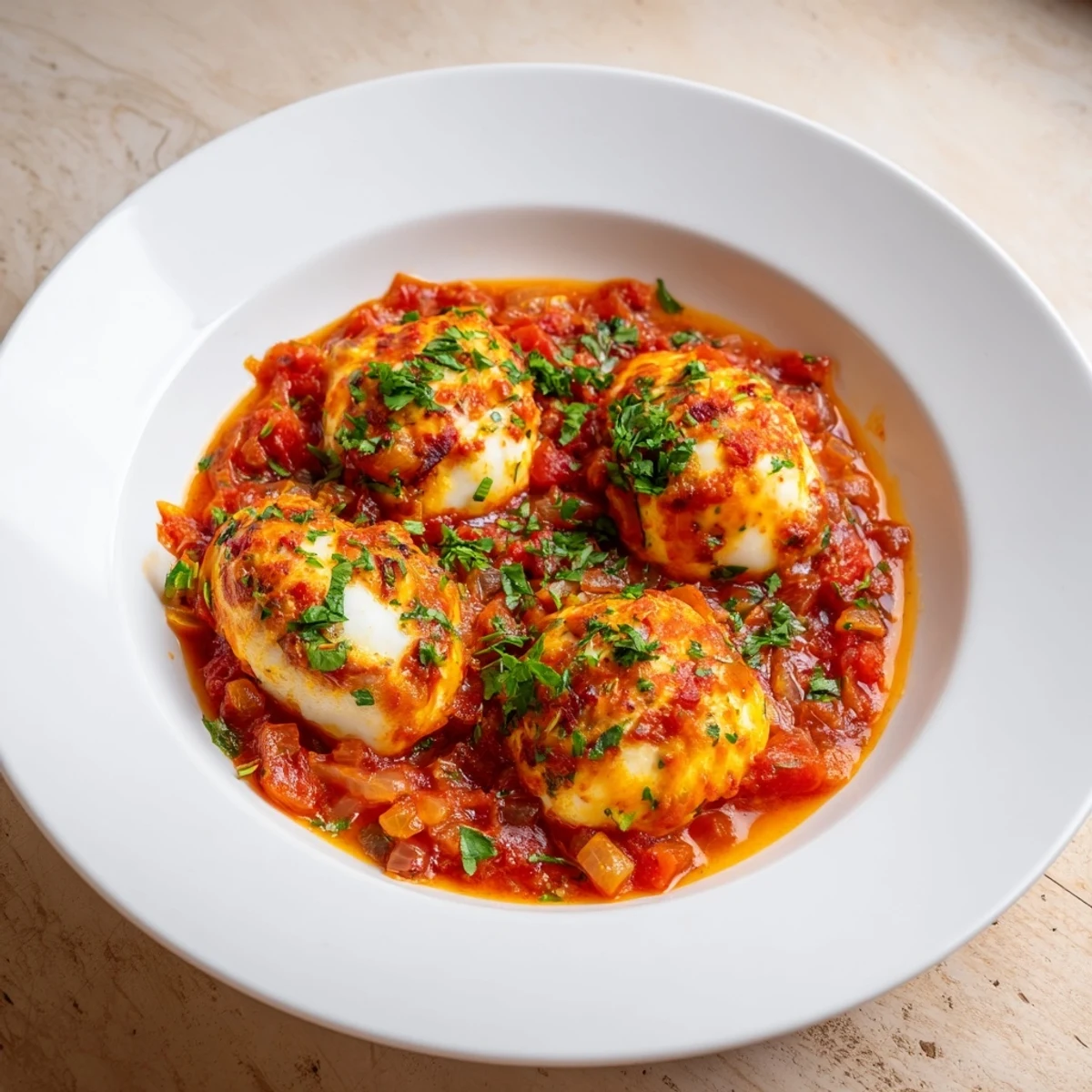Enjoy the delicious sight of baked eggs swimming in a bubbling, spiced tomato sauce; a perfect savoury breakfast!