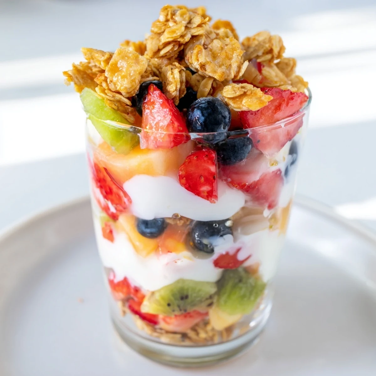 Layers of colorful fruit, creamy yogurt, and crunchy granola create this beautiful yogurt parfait.