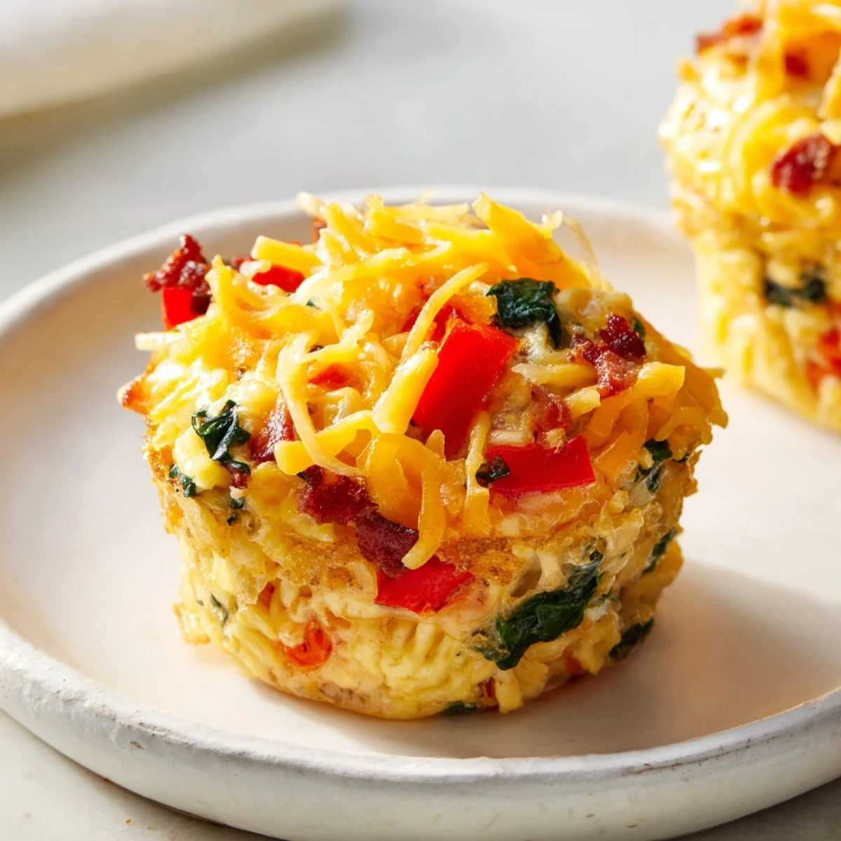 Golden, cheesy one-pot breakfast casserole muffins with visible veggies and perfectly cooked edges are shown.
