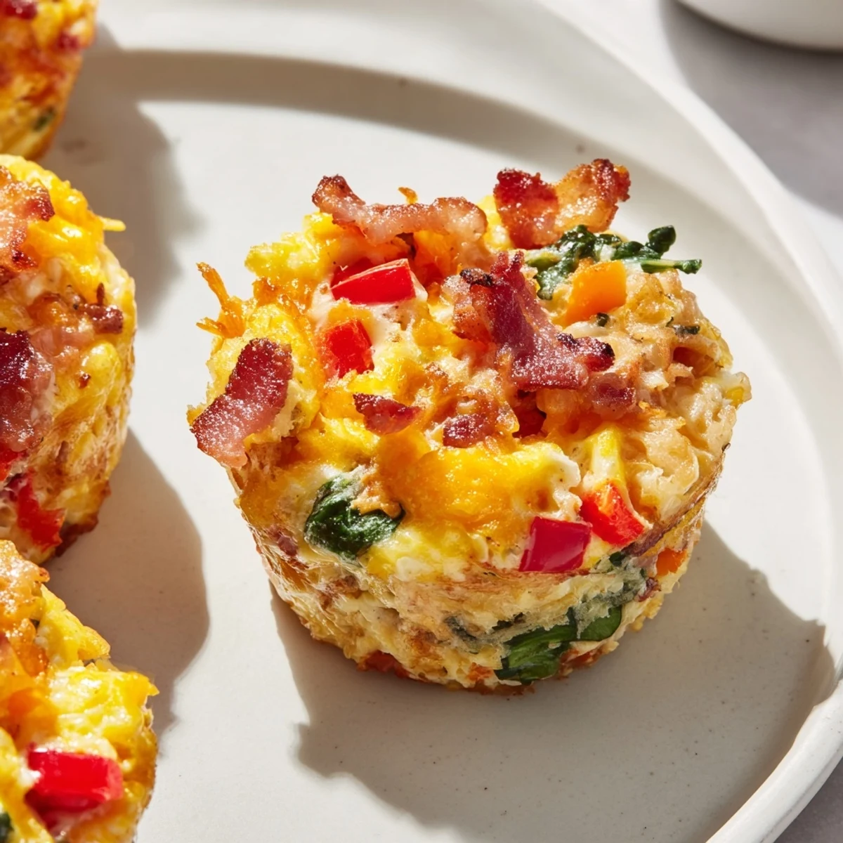 A hearty photo displaying fresh-baked one-pot breakfast casserole muffins, ideal for quick and easy breakfasts at home.