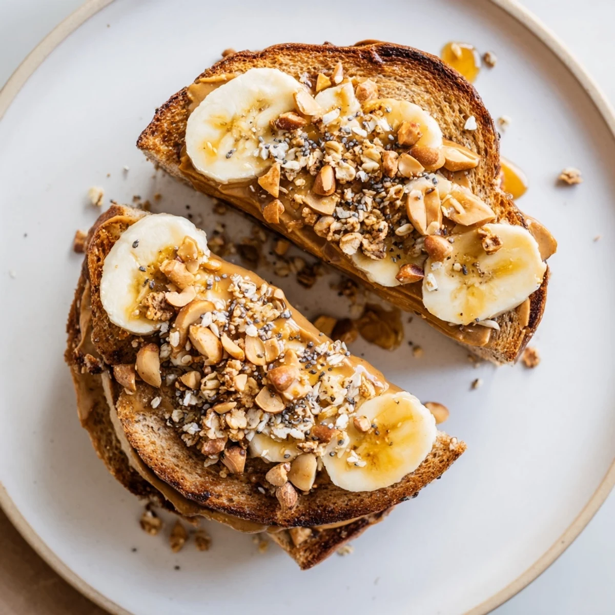 Golden-brown peanut butter and banana sandwich, topped with crunchy granola, ready to eat.