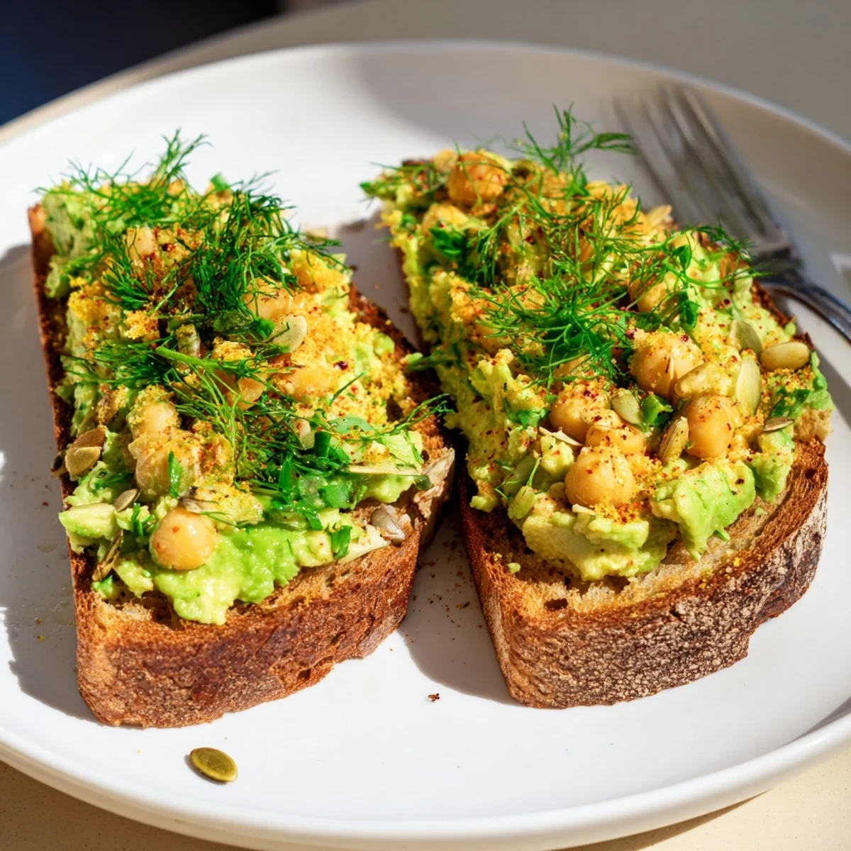 Golden toasted bread topped with avocado toast, chickpeas, fragrant herbs, and crunchy seeds.