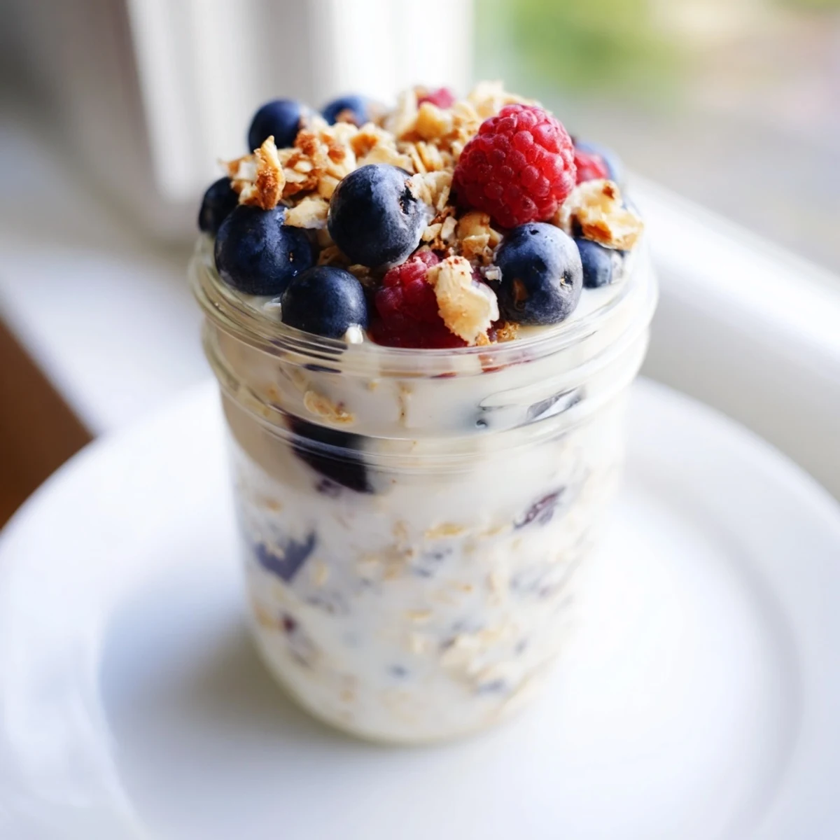 Creamy overnight oats in clear jars, ready to be enjoyed with a delicious peanut butter swirl.