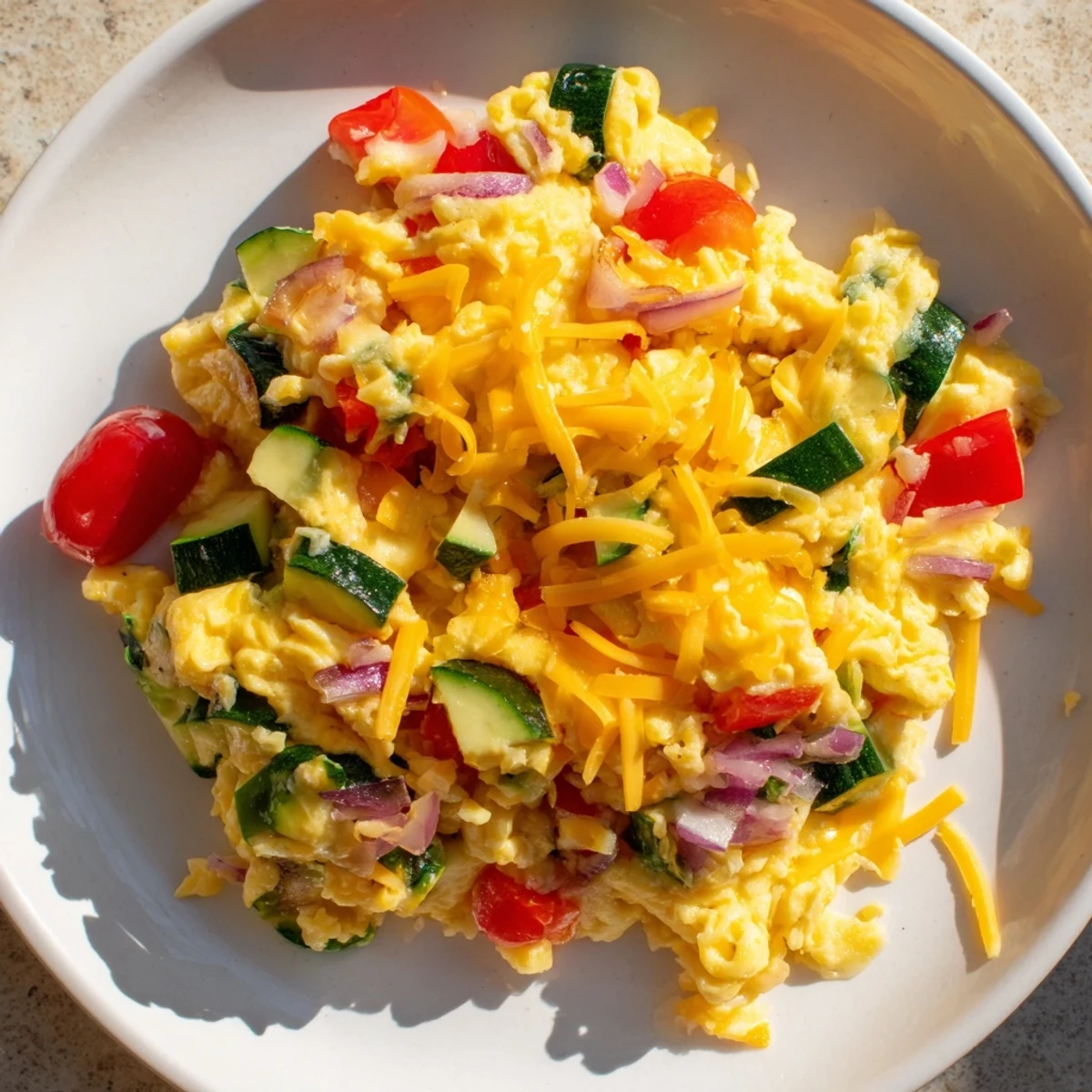 Golden, baked Egg & Veggie Sheet Pan Scramble with colorful roasted vegetables and a sprinkle of cheddar cheese.