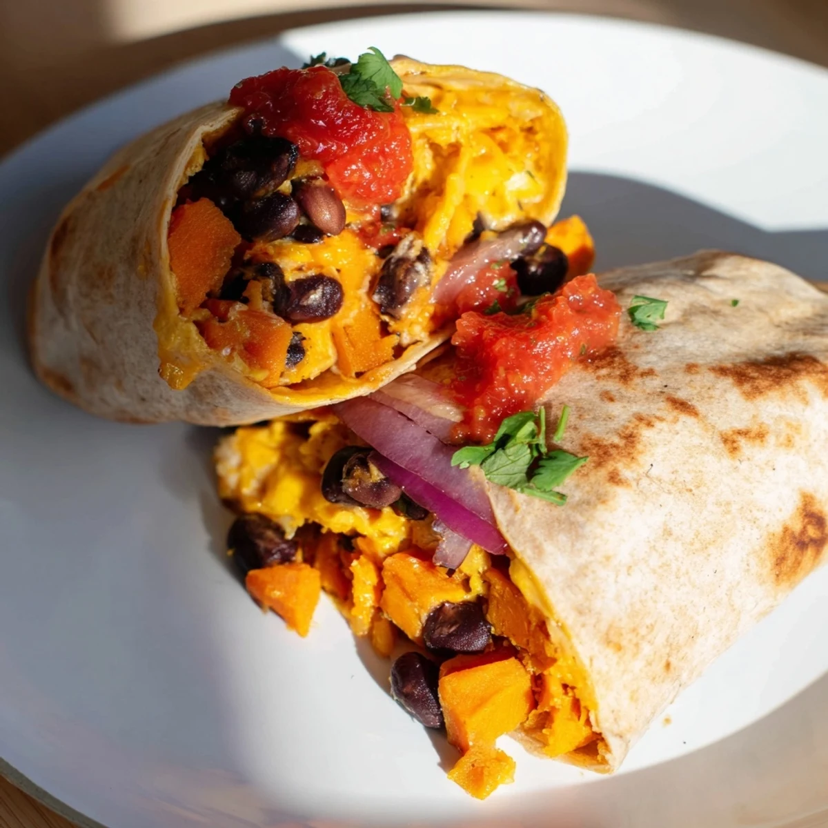 Freshly made Sweet Potato & Black Bean Breakfast Burrito, complete with cheese, salsa, and cilantro, served hot.