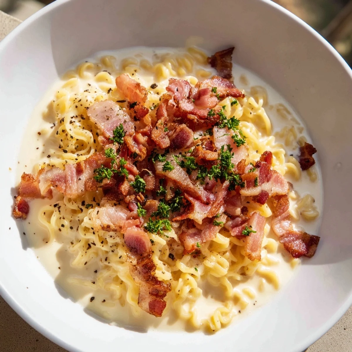 Homemade Instant Pot Carbonara Ramen Hack, showcasing perfectly cooked ramen noodles and savory flavors.