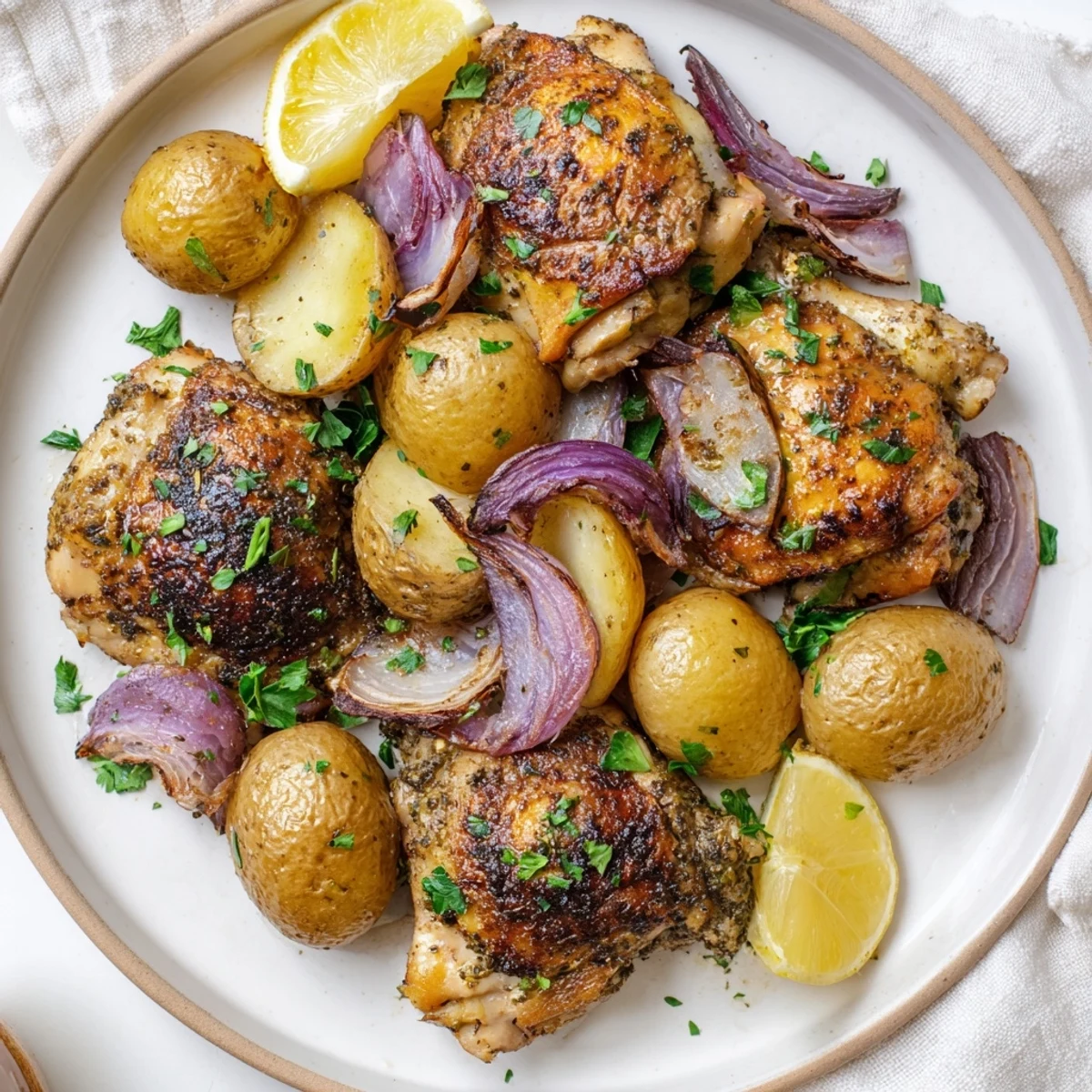 Golden sheet pan zaatar chicken alongside perfectly roasted potatoes, a flavorful Middle Eastern dinner.