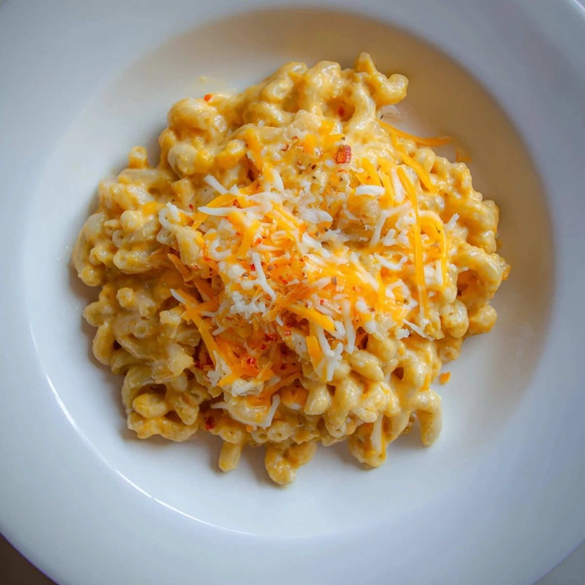 One-Pot Butternut Squash Mac & Cheese, rich and creamy, ready to serve with a sprinkle of cheese.