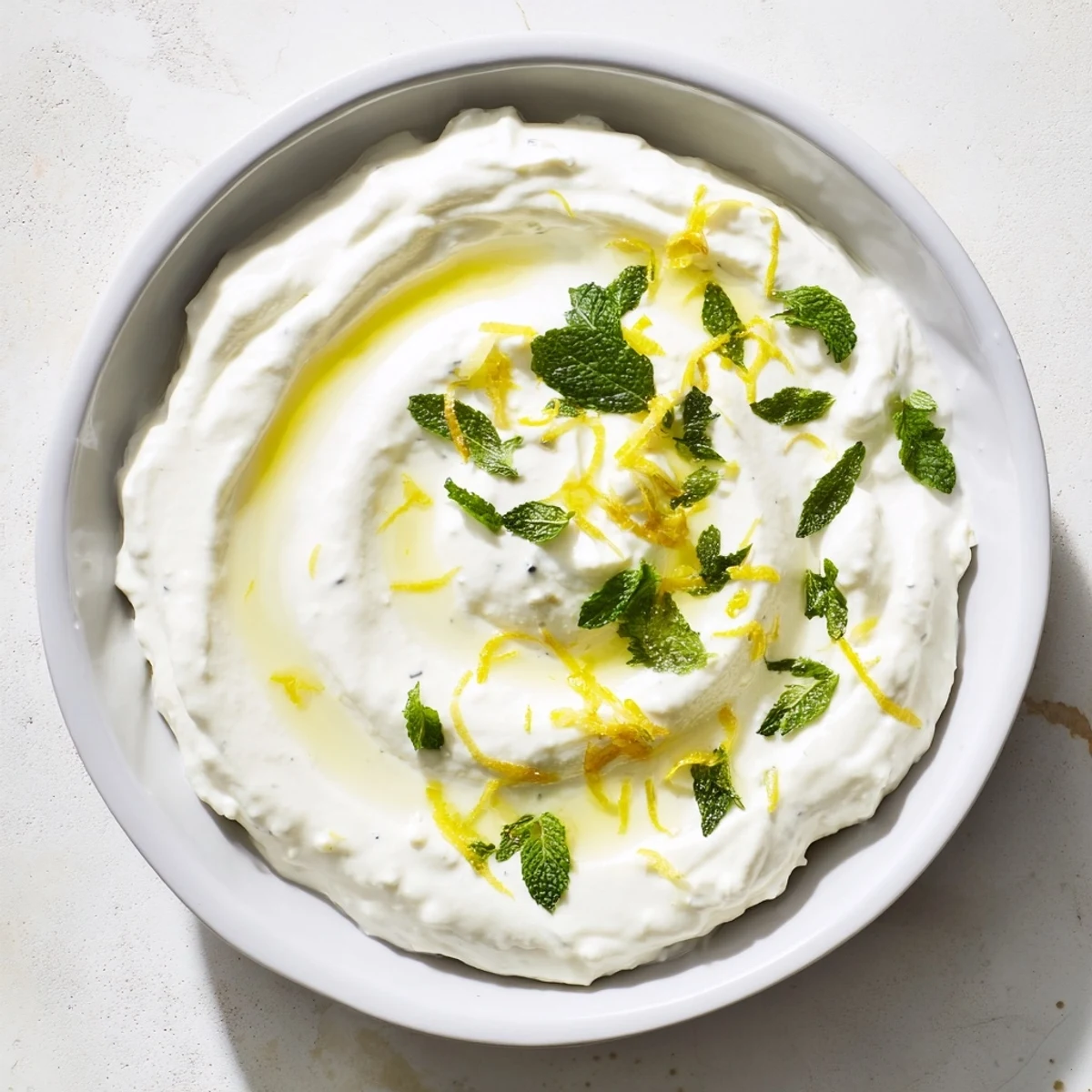 Close-up of the delicious whipped feta dip, drizzled with lemon-mint, ready to be scooped up.