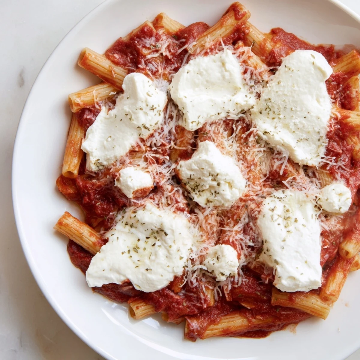 Steaming slow cooker baked ziti with bubbly mozzarella and a rich, red tomato sauce.