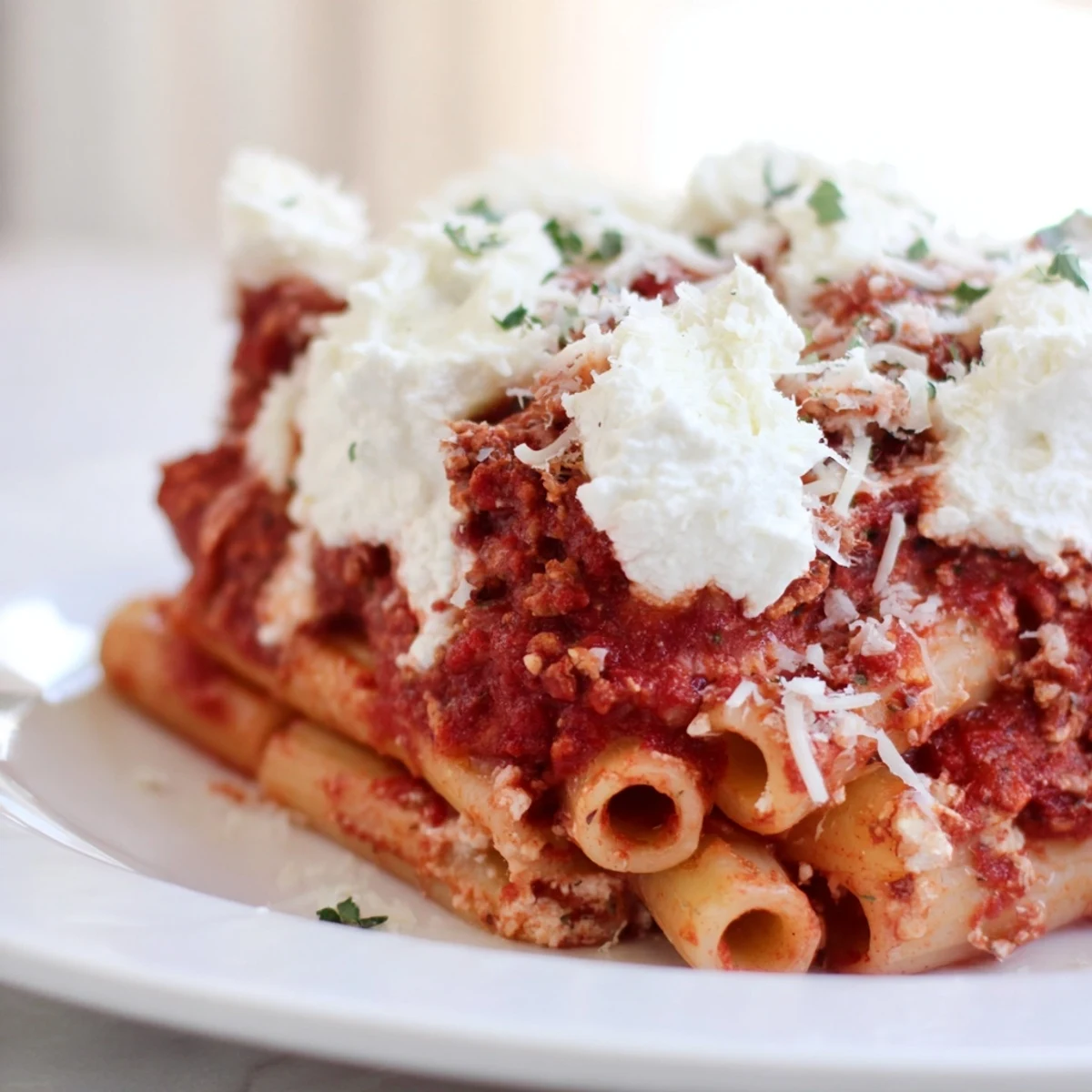 Hearty slow cooker baked ziti, a comforting Italian meal swimming in melted cheese.