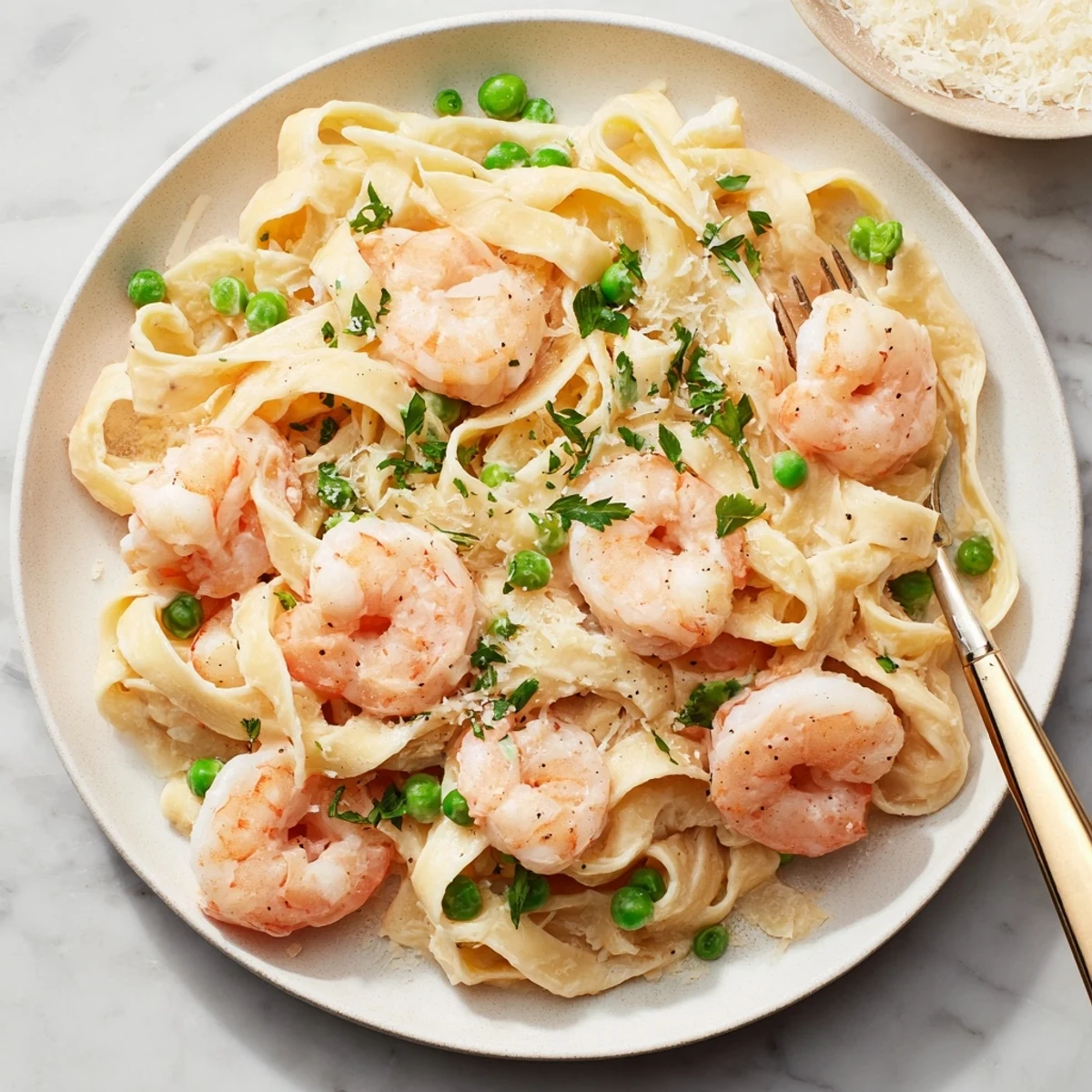Steaming Instant Pot Shrimp Alfredo Pasta, finished with fresh parsley and ready to serve.