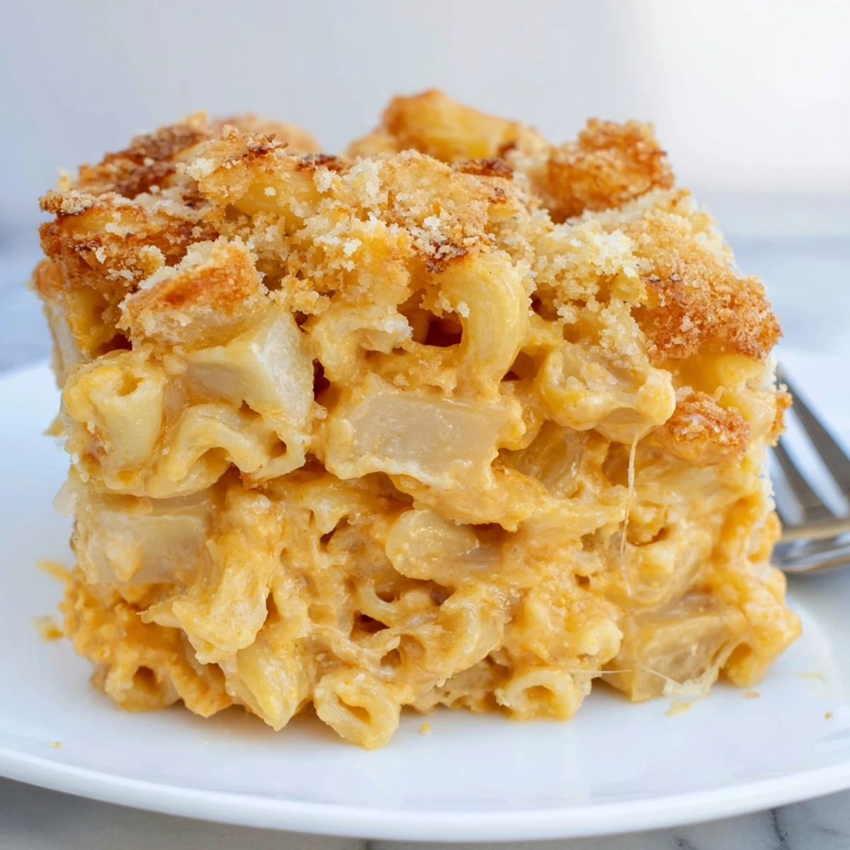 Golden, bubbly Old-Fashioned Baked Mac & Cheese with a crispy breadcrumb topping, perfect for dinner.