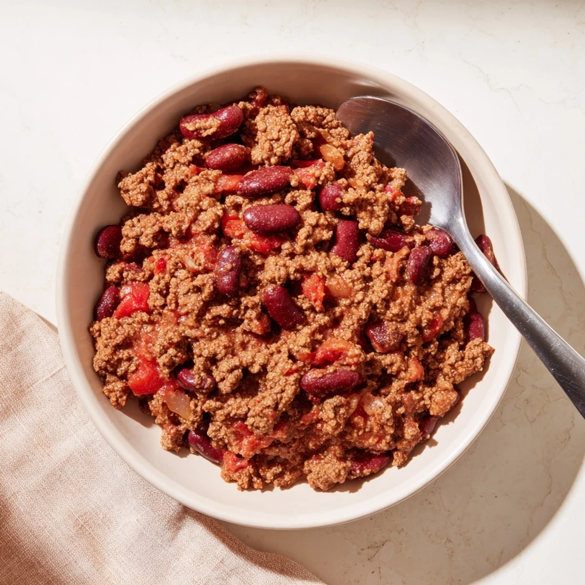 Rich, steaming Secret 4-Ingredient Slow Cooker Chili, perfect for a cozy, comforting American dinner.