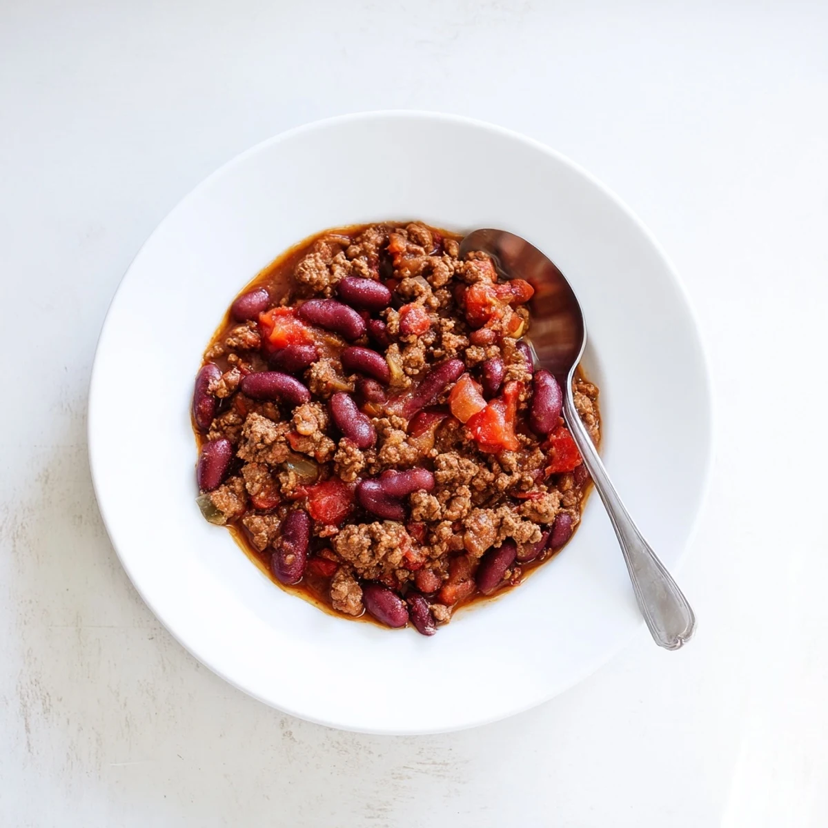 A close-up view of generous, flavorful Secret 4-Ingredient Slow Cooker Chili ready to be topped and served.