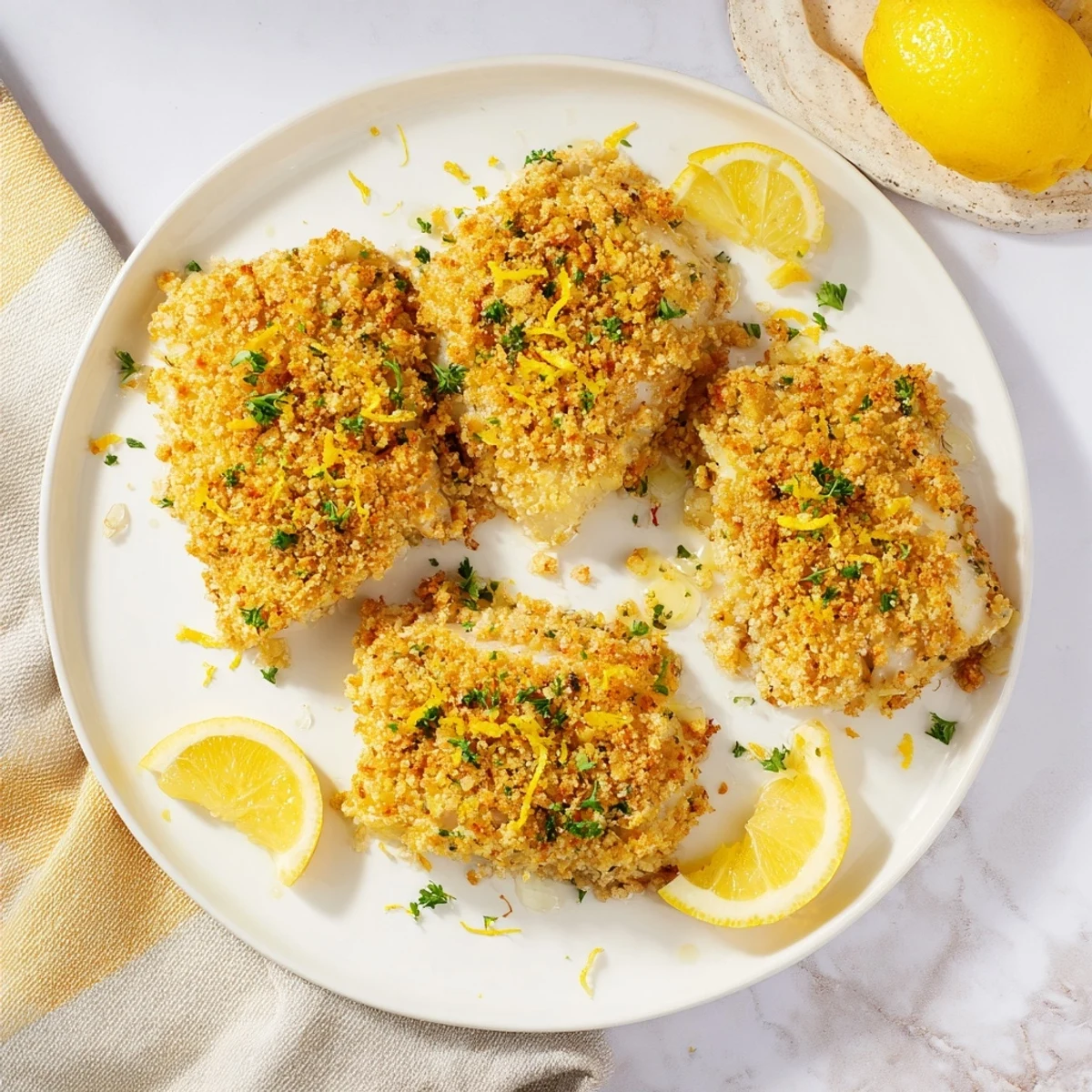 Golden, baked cod with a crispy Ritz cracker topping, ready to serve with lemon wedges.
