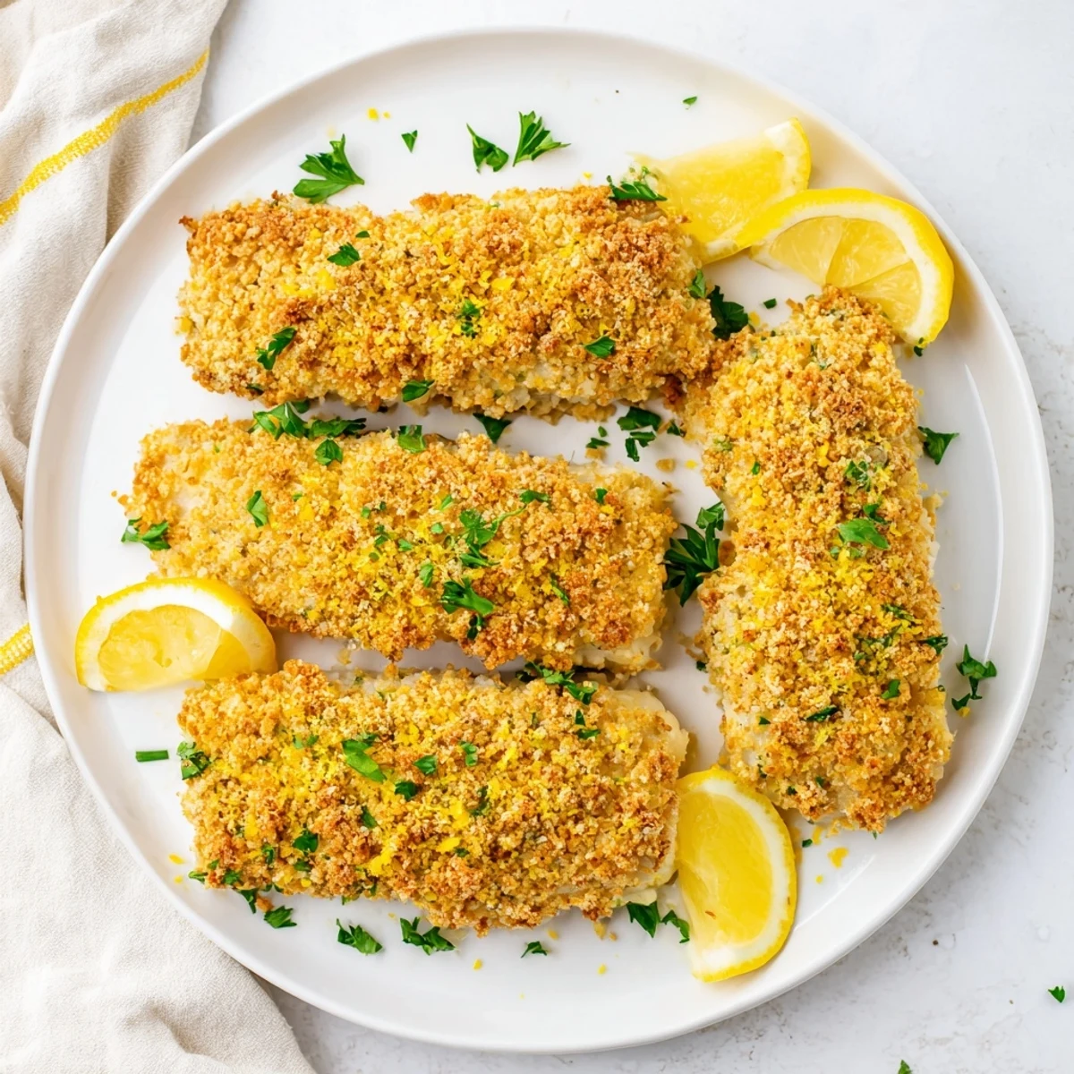 Close-up of baked cod: A delicious New England dinner with a golden Ritz cracker crust.