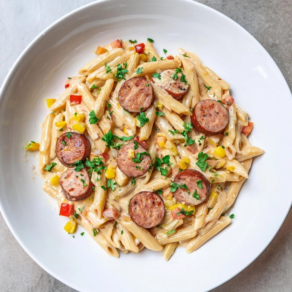 Golden penne pasta coated in creamy Smoked Sausage Cajun Alfredo, ready to serve and enjoy.