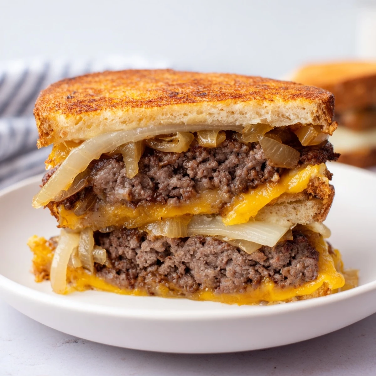A close-up of a sizzling Patty Melt skillet, featuring caramelized onions and juicy beef patties.