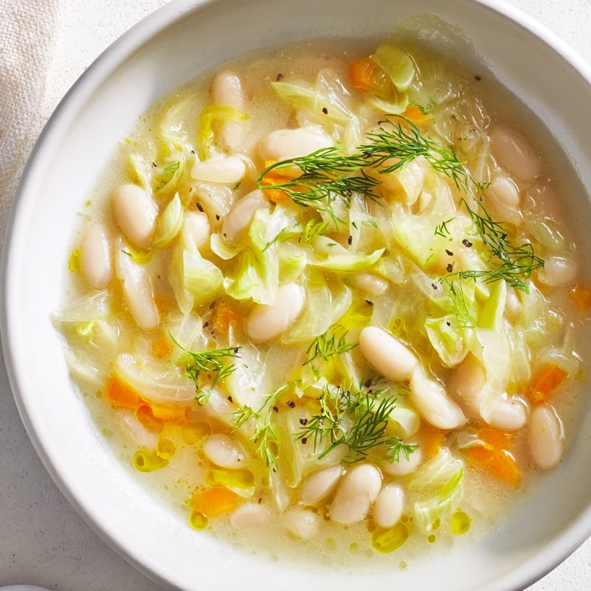 Steaming Simple White Bean and Fennel Soup, ready to eat, garnished with fresh green fennel fronds.